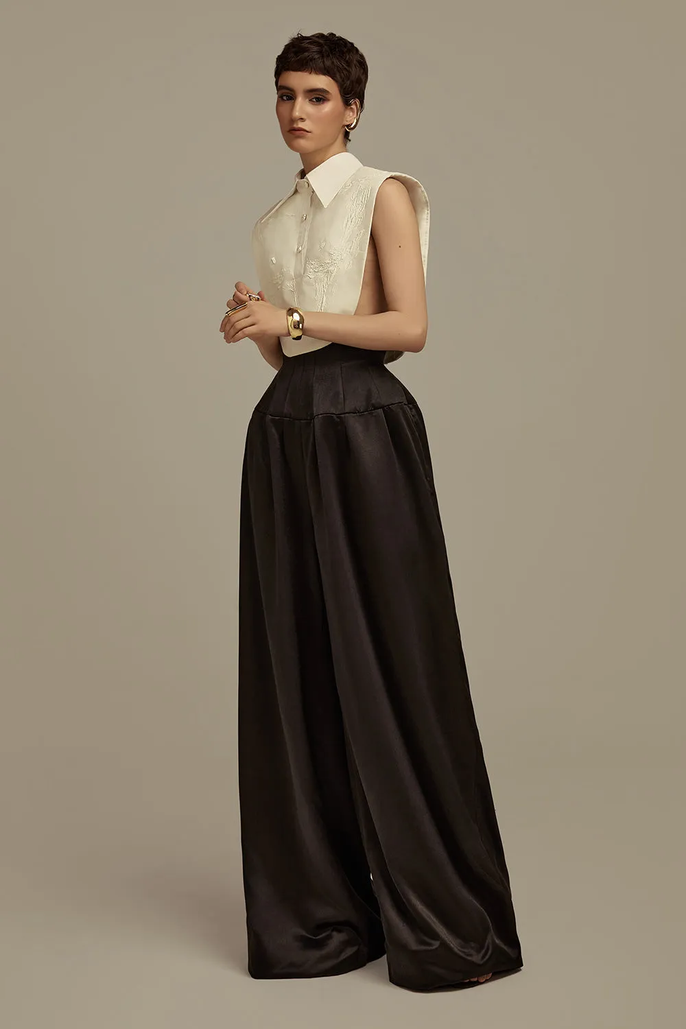 Aether Cropped Collared Neck Taffeta Top