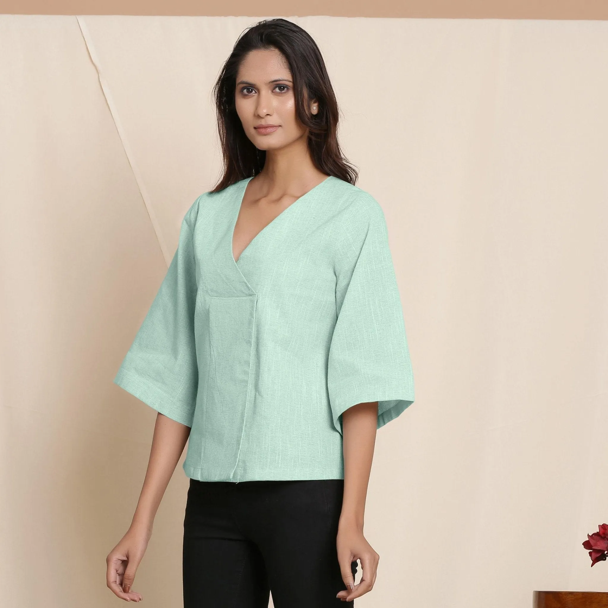 Aqua Yarn Dyed Cotton V-Neck Loose Fit Top