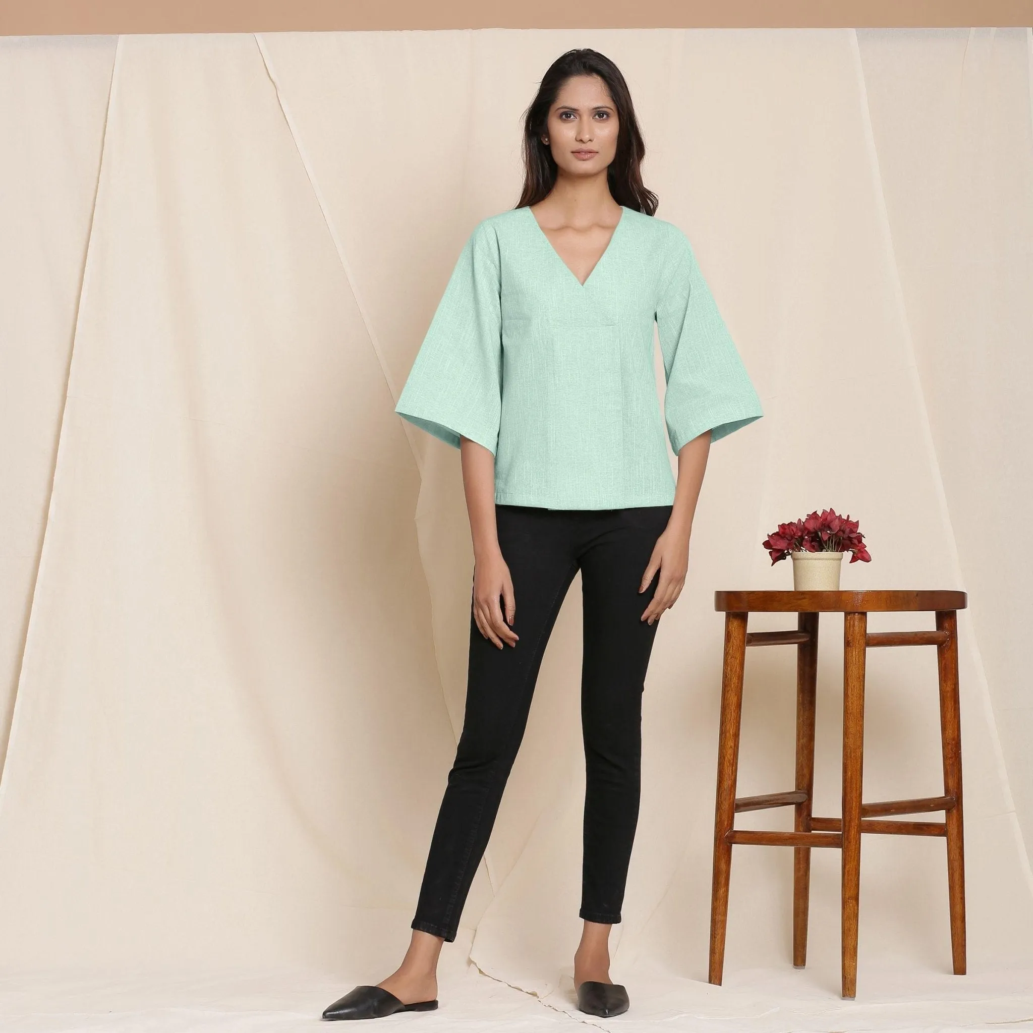 Aqua Yarn Dyed Cotton V-Neck Loose Fit Top