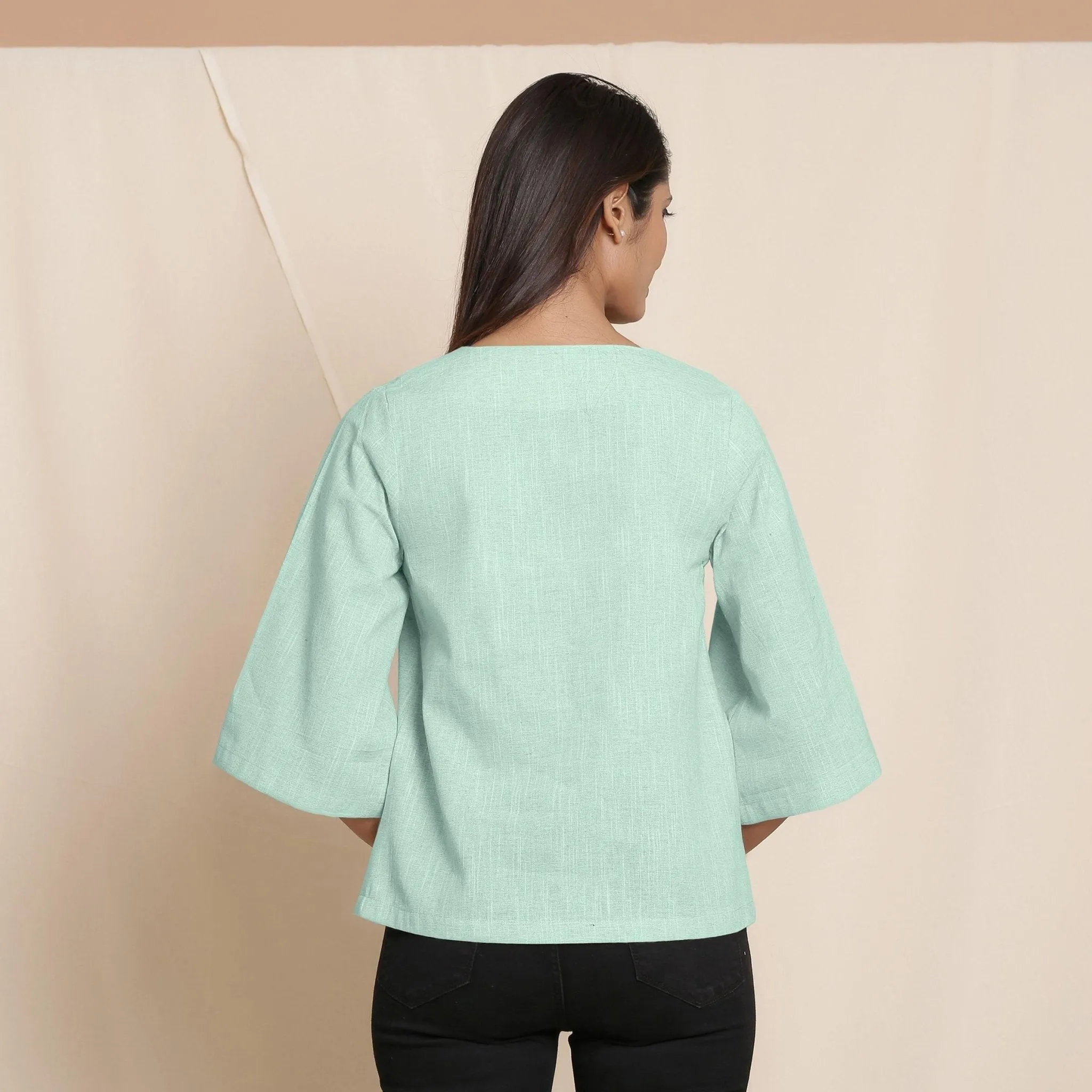 Aqua Yarn Dyed Cotton V-Neck Loose Fit Top