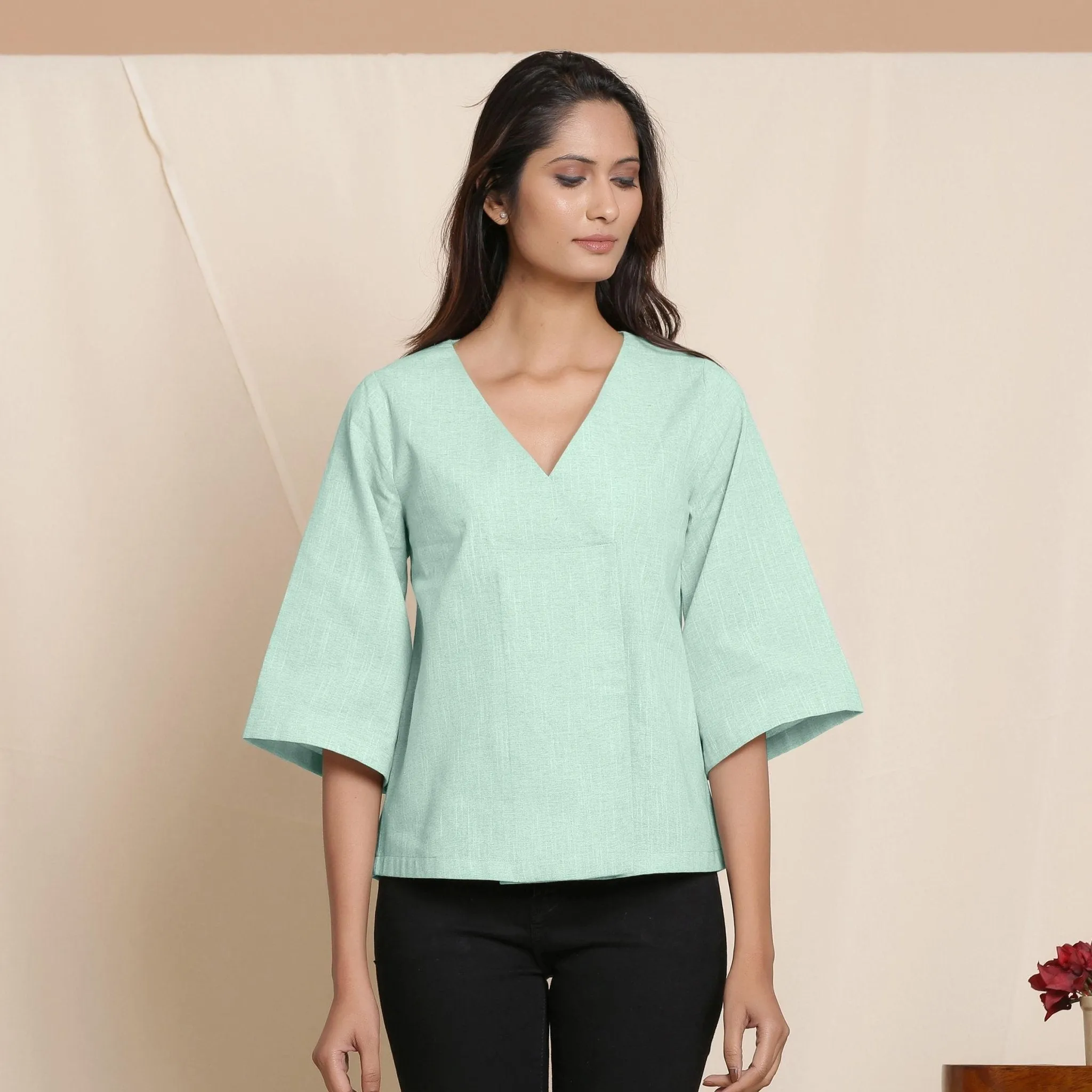 Aqua Yarn Dyed Cotton V-Neck Loose Fit Top