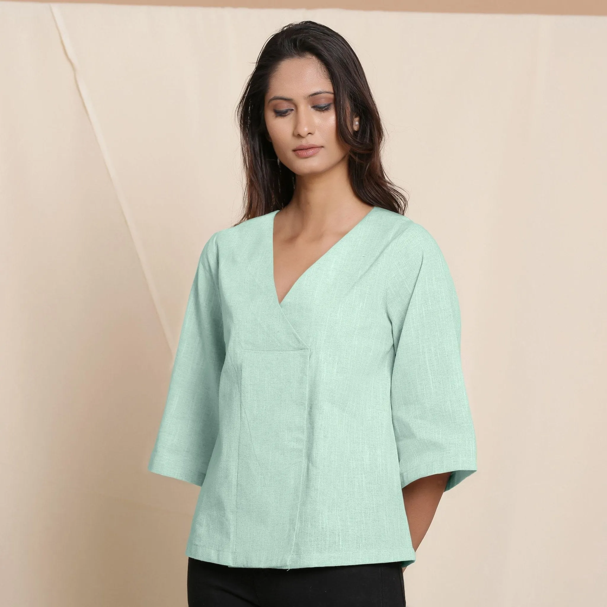 Aqua Yarn Dyed Cotton V-Neck Loose Fit Top