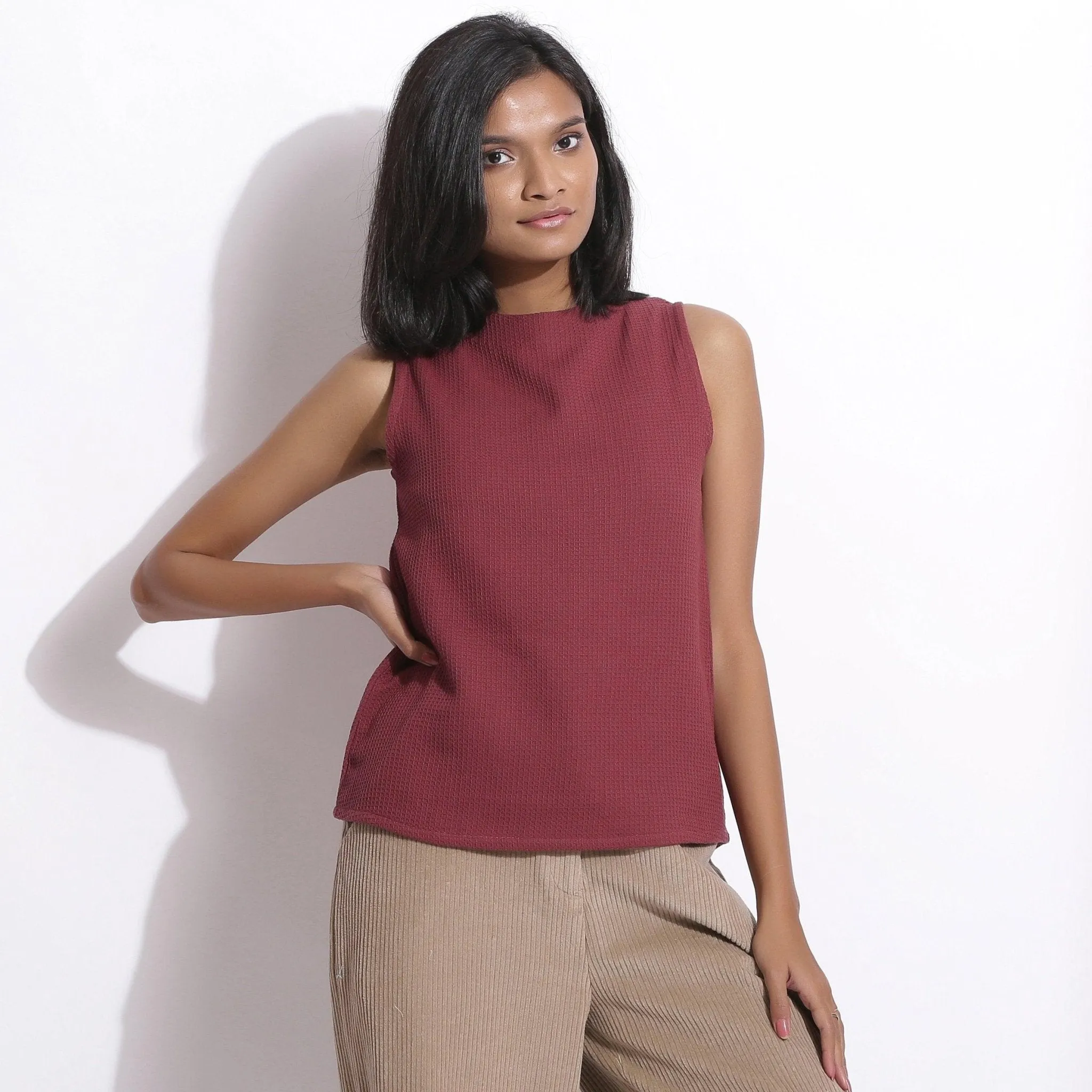 Barn Red Warm Cotton Waffle Funnel Neck Top