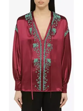 Bead-Embroidered Silk De Soie Top