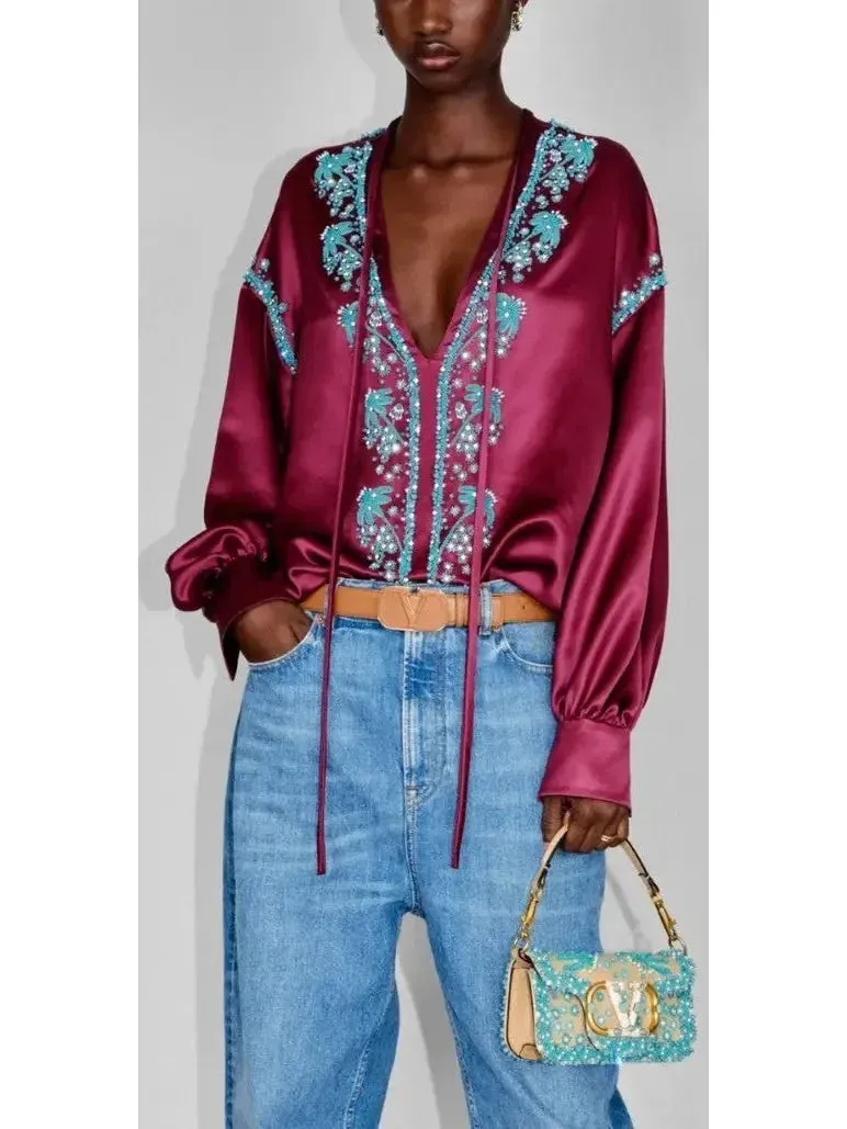 Bead-Embroidered Silk De Soie Top