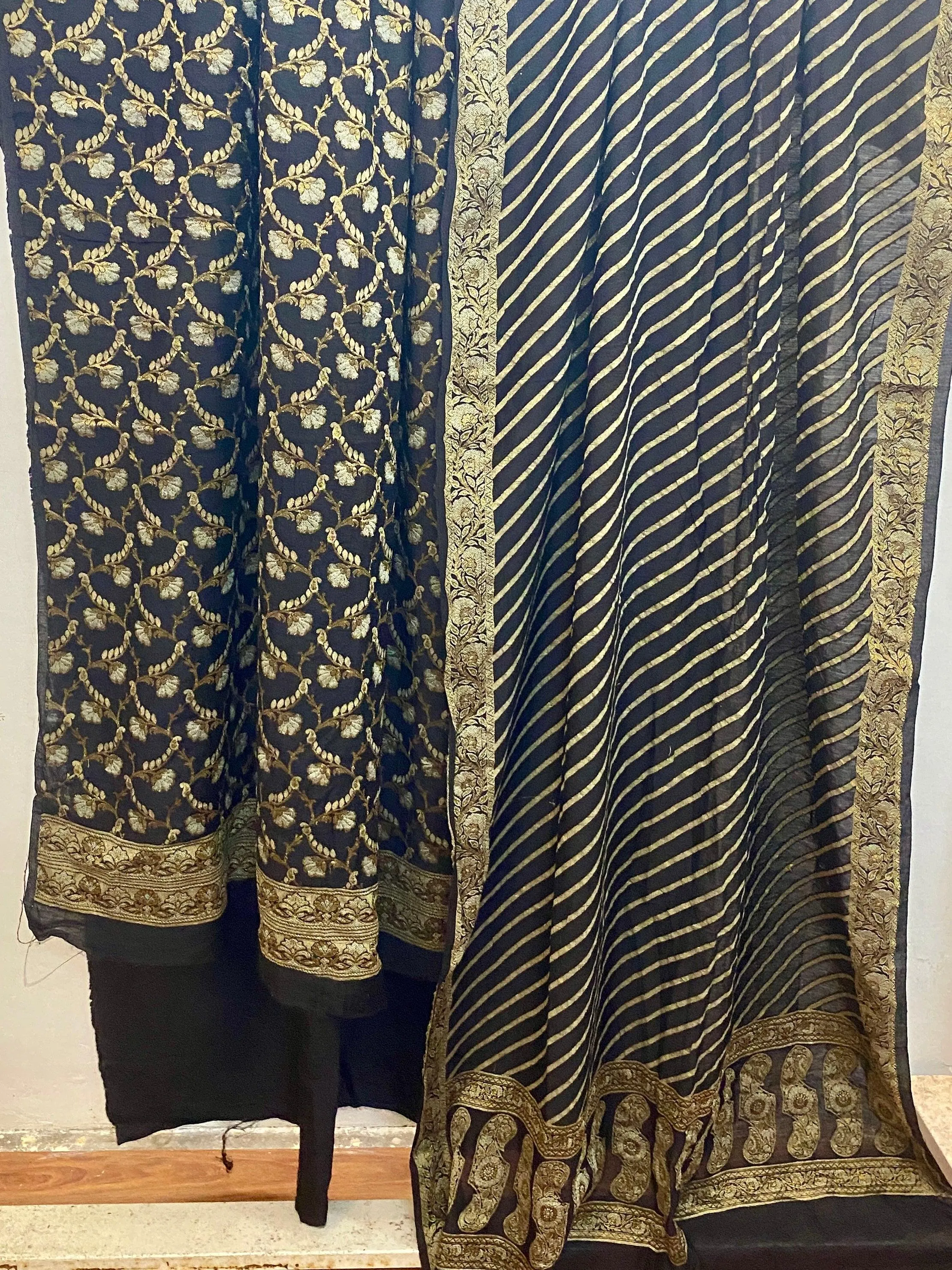 Black Banarasi cotton silk handloom 3 pcs suit set