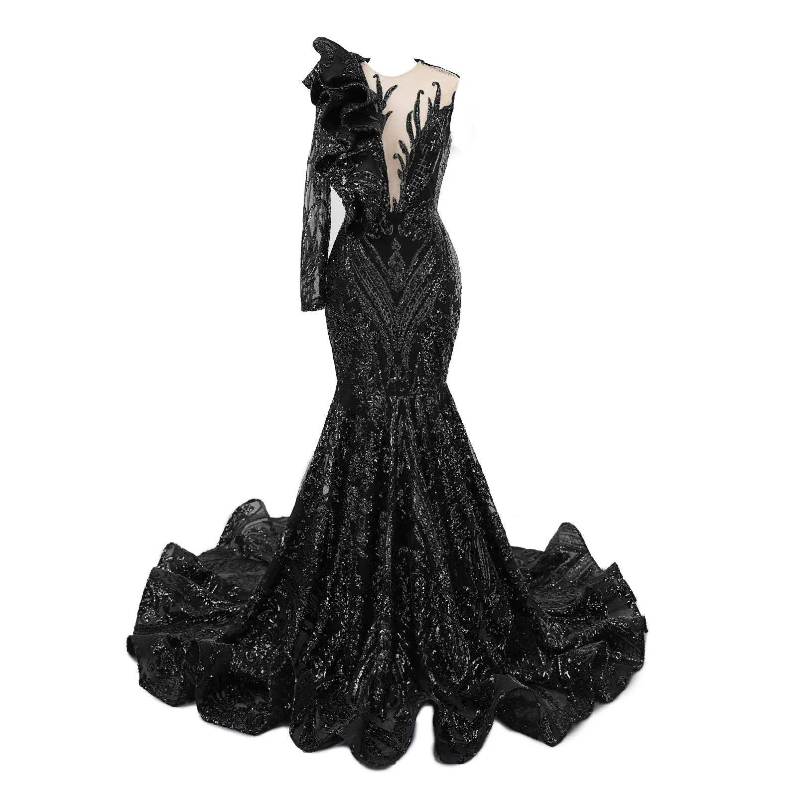 Black Mermaid One Sleeve Prom Dresses Sequined Lace Jewel Ruffles Evening Party Dress with Appliques