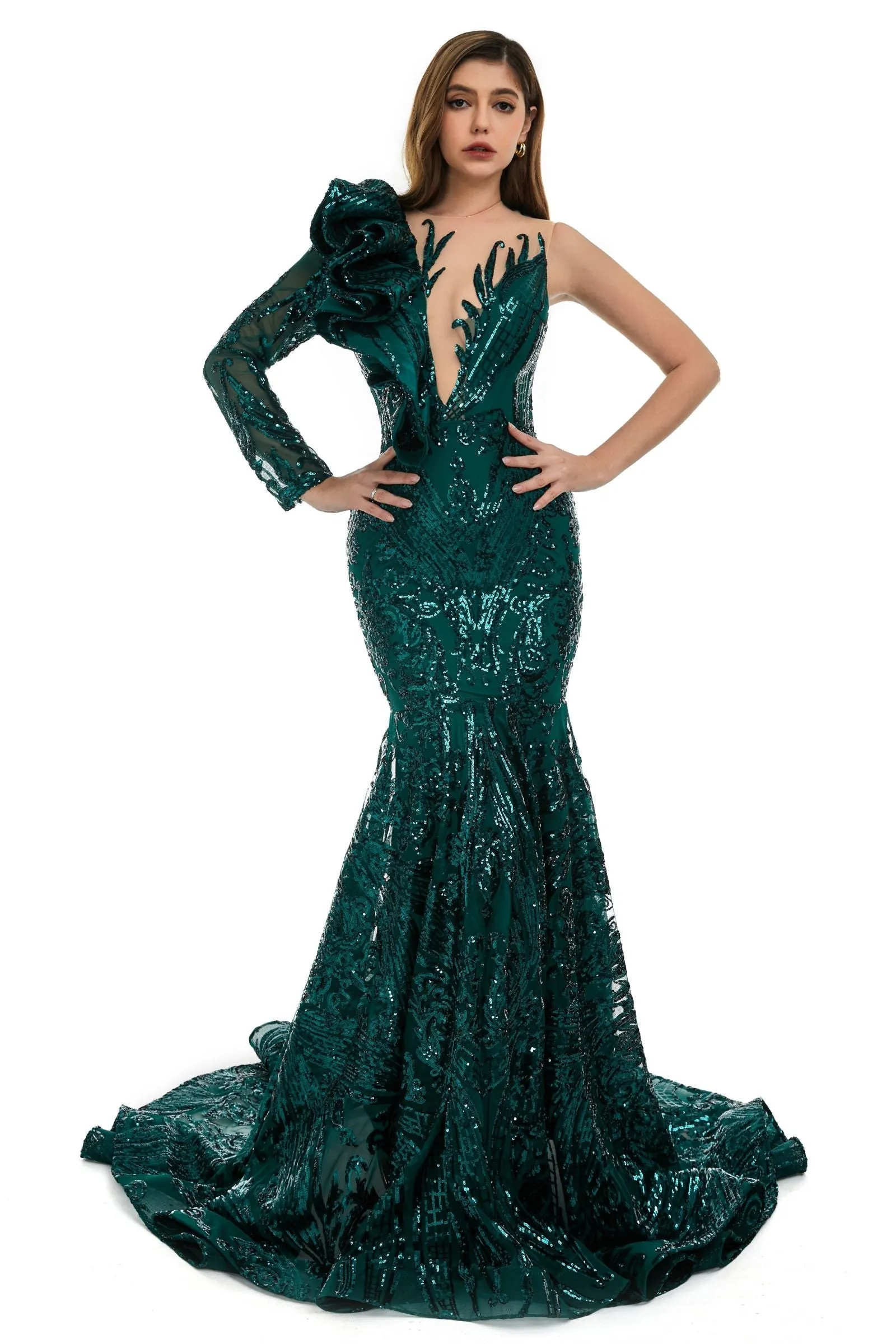 Black Mermaid One Sleeve Prom Dresses Sequined Lace Jewel Ruffles Evening Party Dress with Appliques