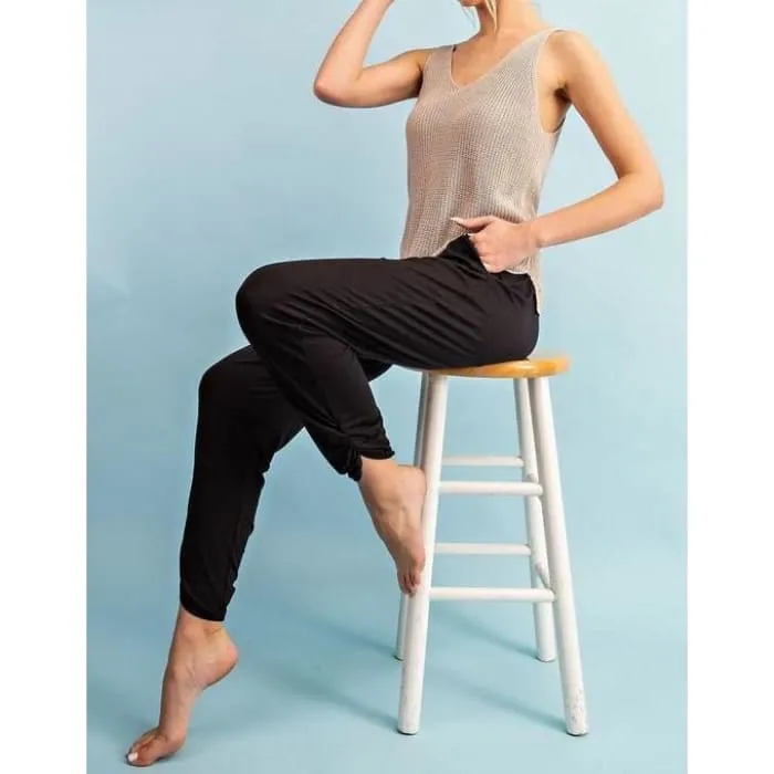 Black Shirred Ankle Lounge Pants