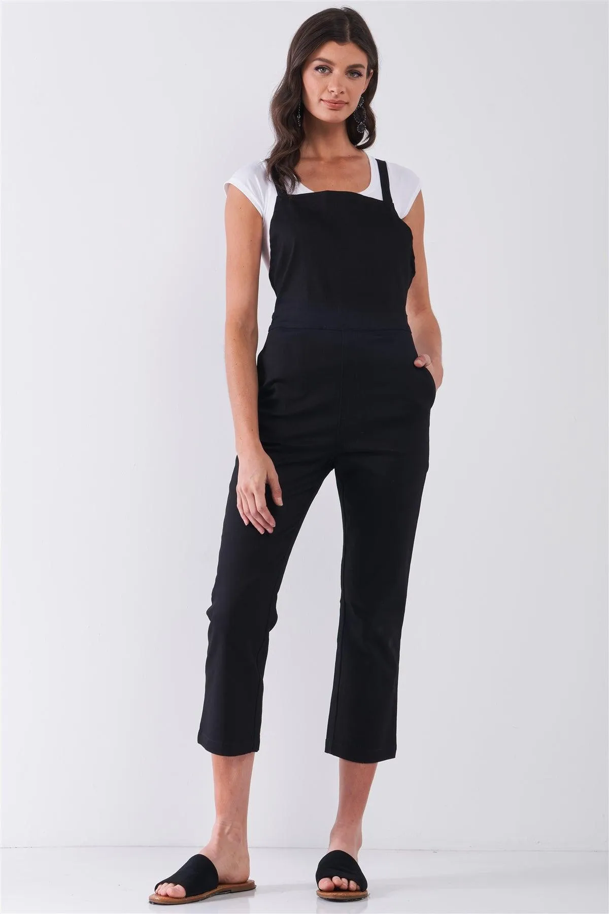 Black Sleeveless Square Neck Criss Cross Back Ankle Length Denim Jumpsuit /1-1-2-2