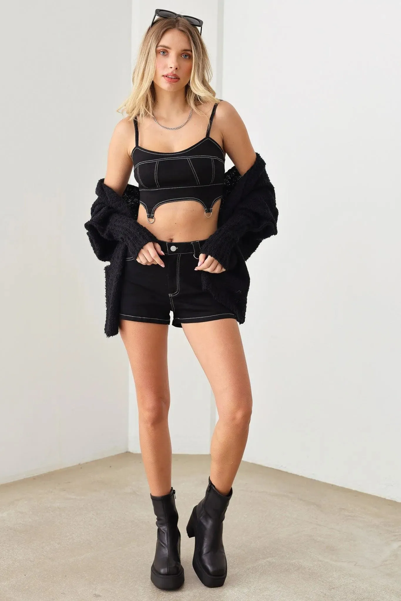 Black Stitching Crop Top & Stretchy Short Denim Set