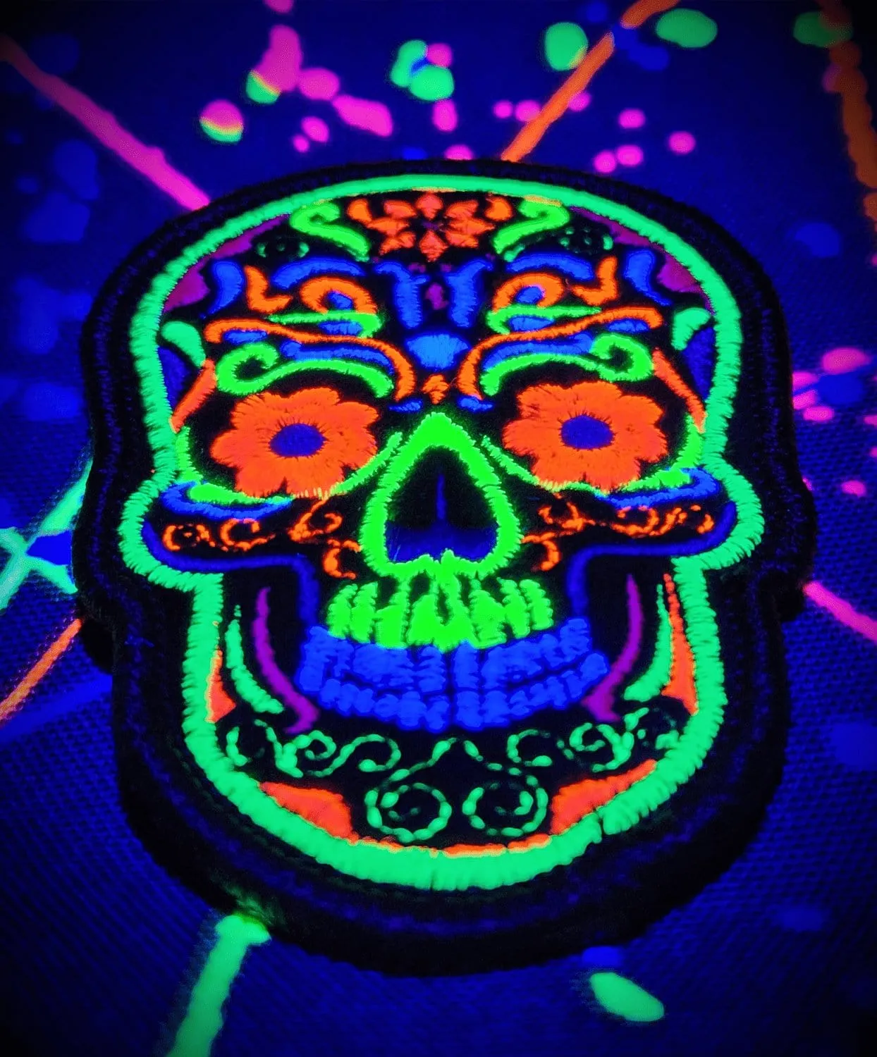 Blacklight Dark Blacklight Sugar Skull Velvet Patch - Amp Up Your Gear with Trippy, Eye-Catching Fluorescent Thread Magic