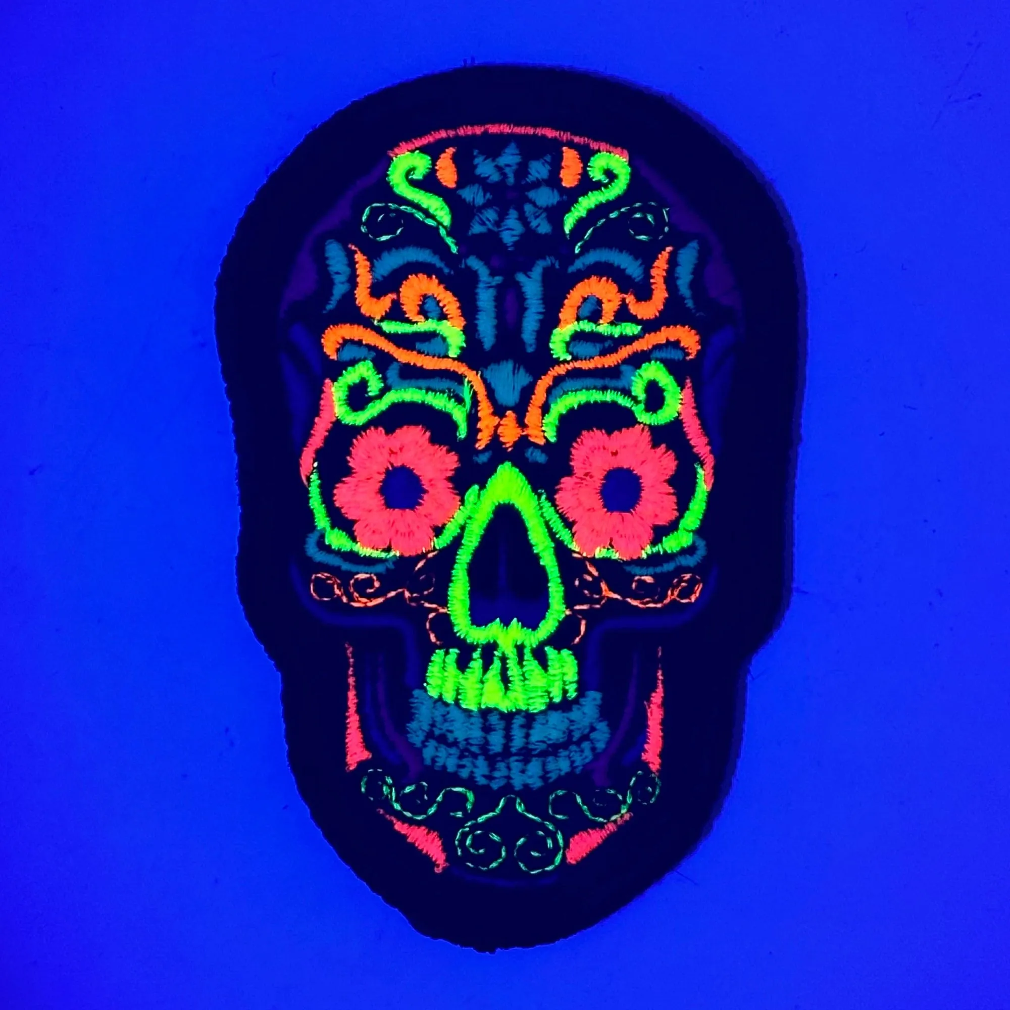 Blacklight Dark Blacklight Sugar Skull Velvet Patch - Amp Up Your Gear with Trippy, Eye-Catching Fluorescent Thread Magic