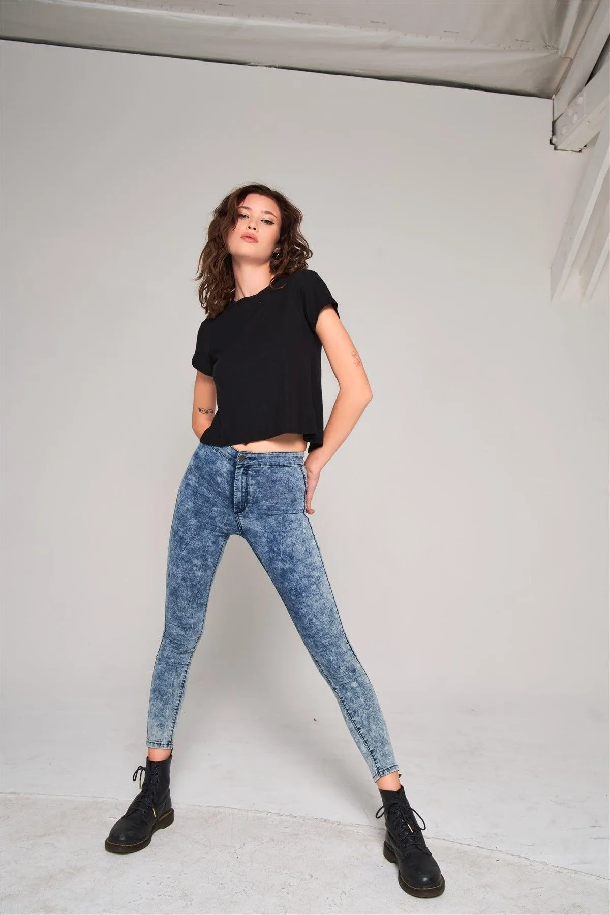 Blue Acid Wash Denim Effect High-Waist Skinny Legging Pants /3-2-1