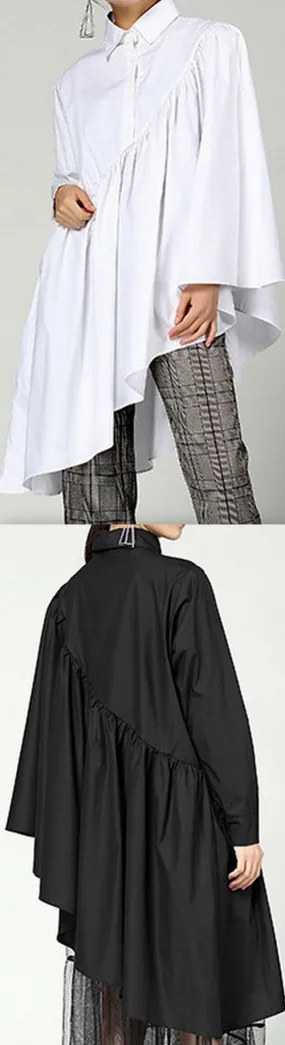 Boxy Asymmetrical Long Shirt - White or Black