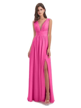 Bridesmaid Dresses Azalea Charming Chiffon V Neck Split Long Bridesmaid Dresses