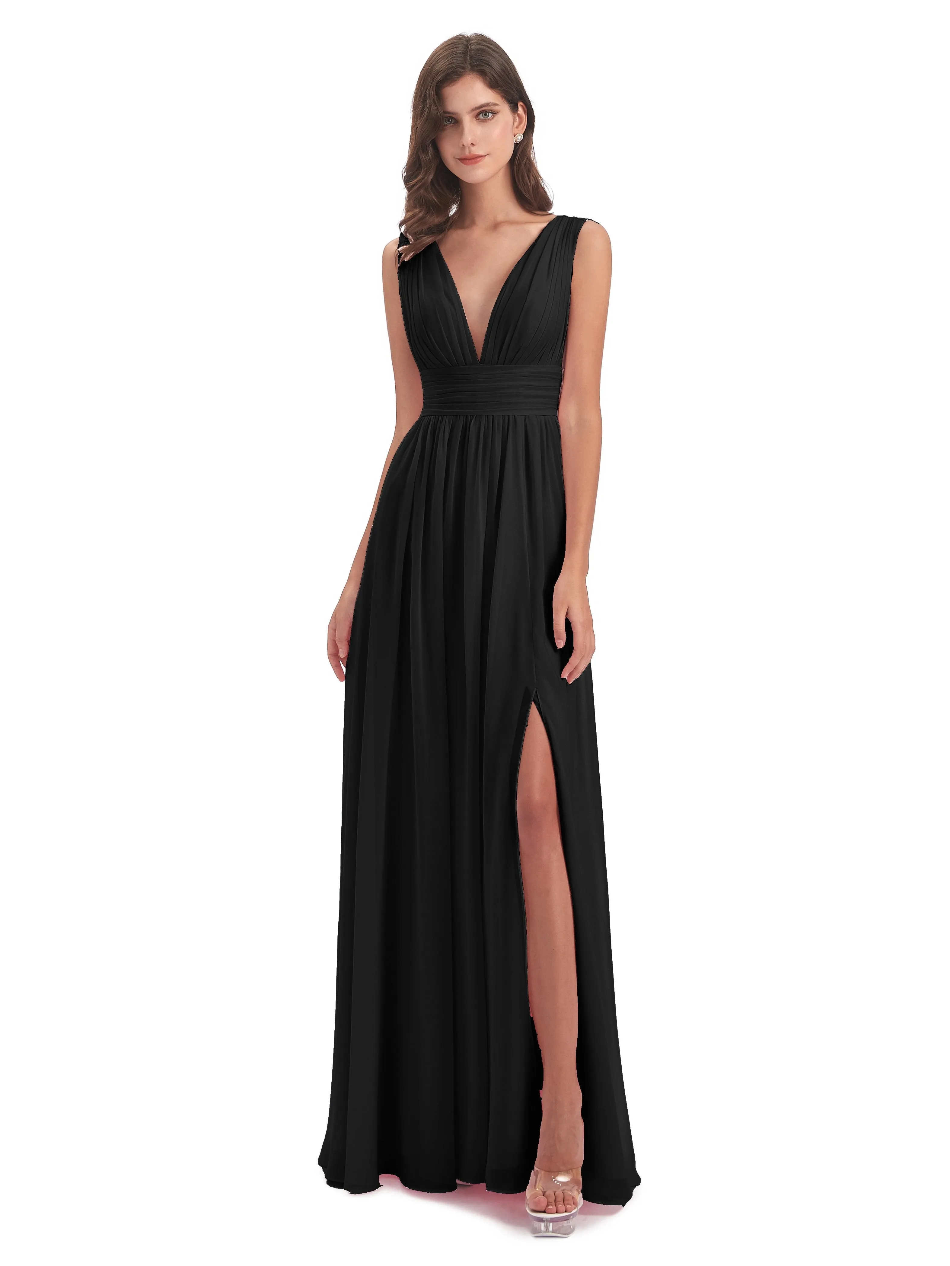 Bridesmaid Dresses Black Charming Chiffon V Neck Split Long Bridesmaid Dresses