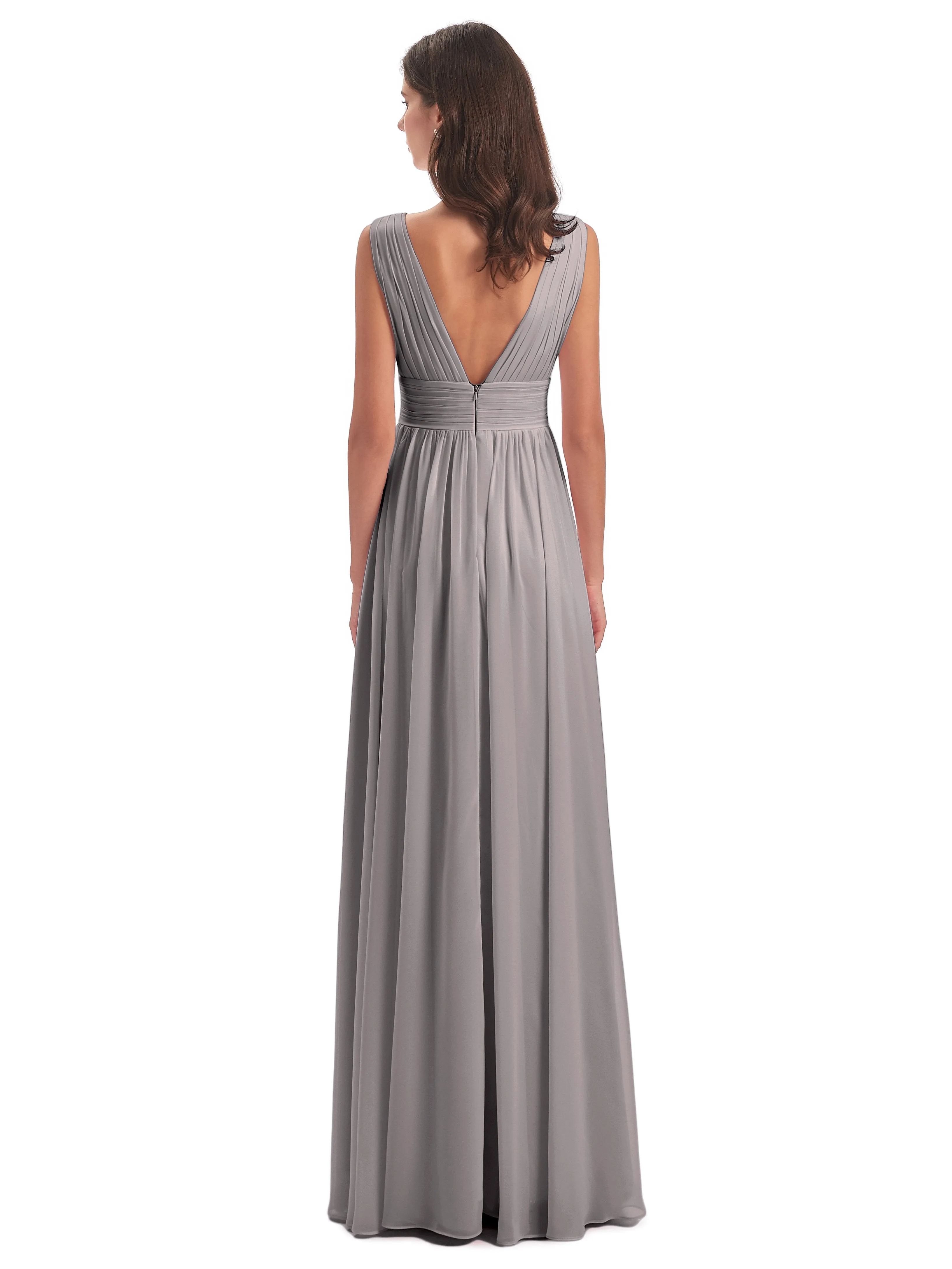 Bridesmaid Dresses Silver Charming Chiffon V Neck Split Long Bridesmaid Dresses