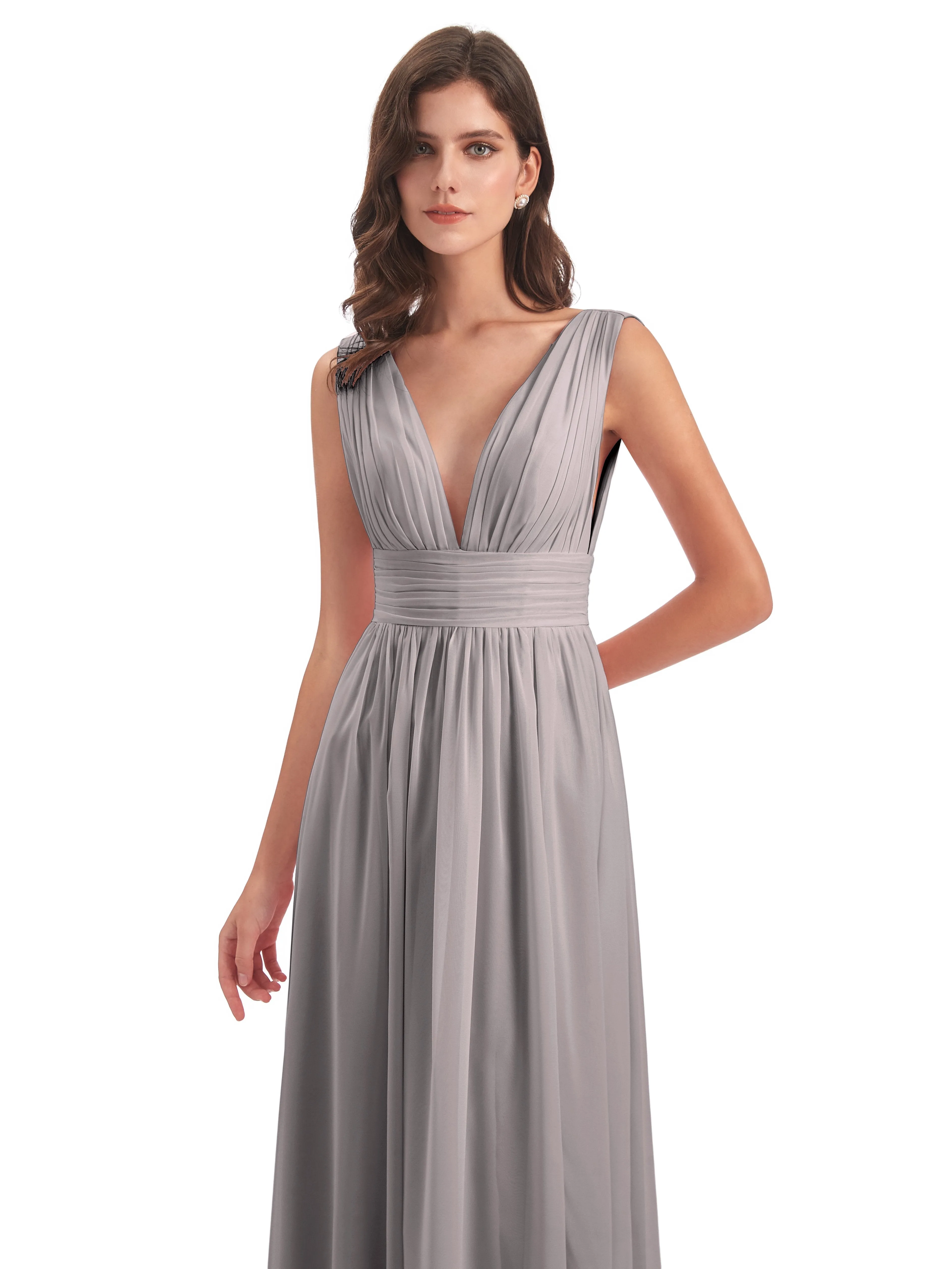 Bridesmaid Dresses Silver Charming Chiffon V Neck Split Long Bridesmaid Dresses