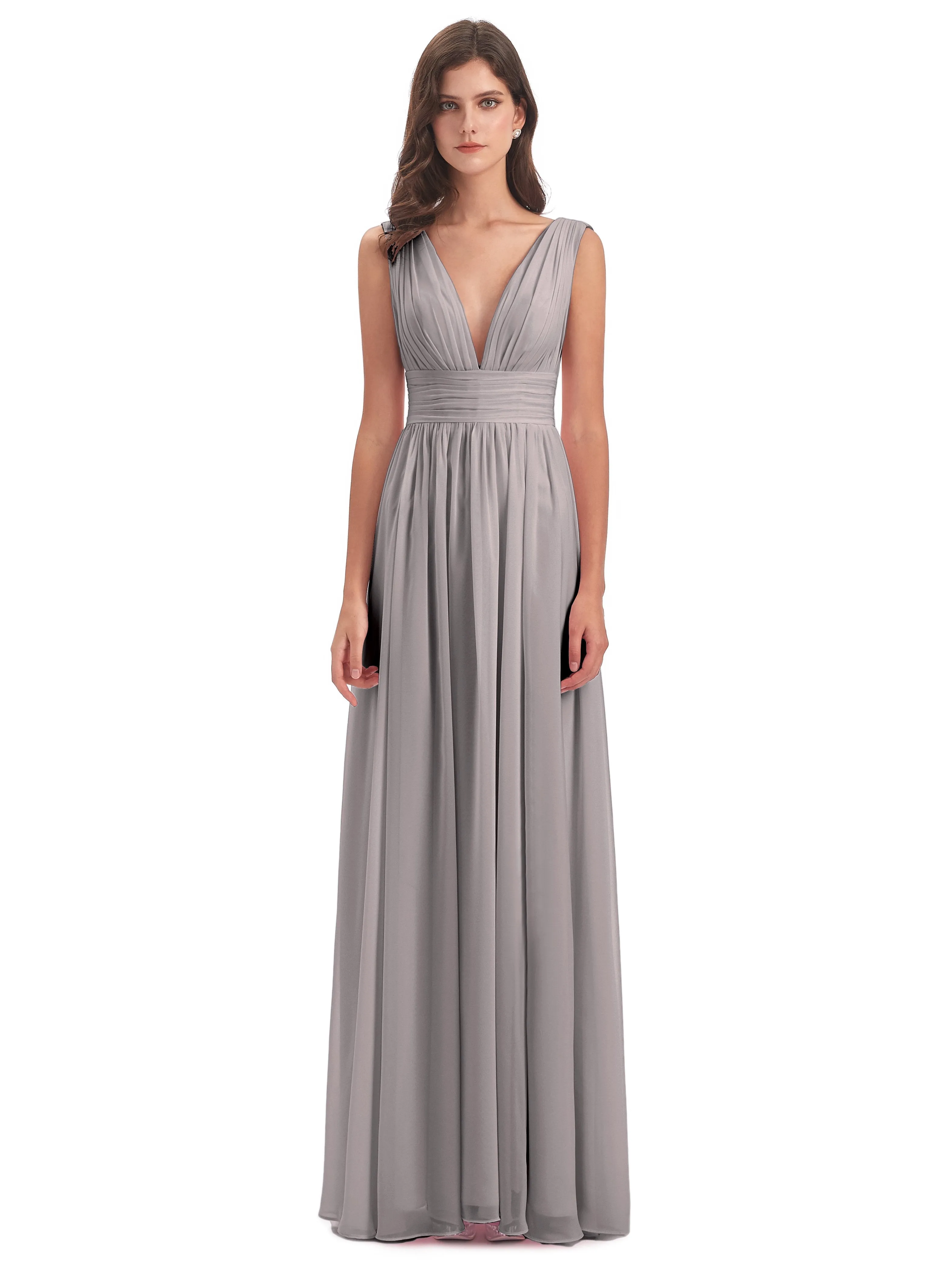 Bridesmaid Dresses Silver Charming Chiffon V Neck Split Long Bridesmaid Dresses