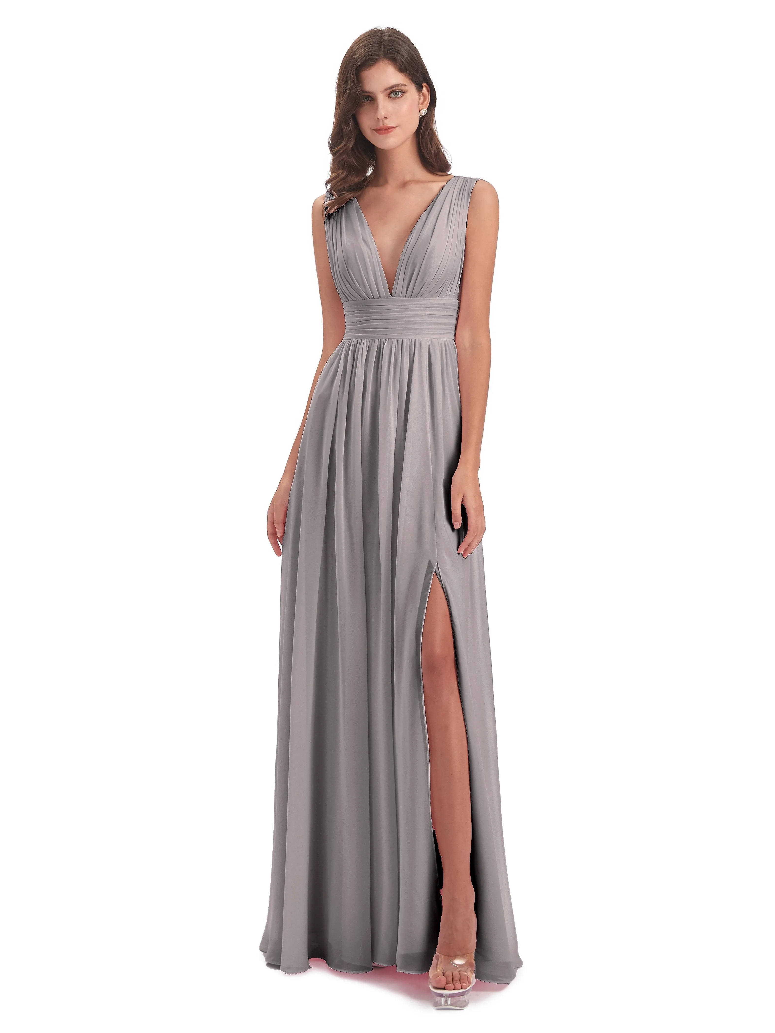 Bridesmaid Dresses Silver Charming Chiffon V Neck Split Long Bridesmaid Dresses