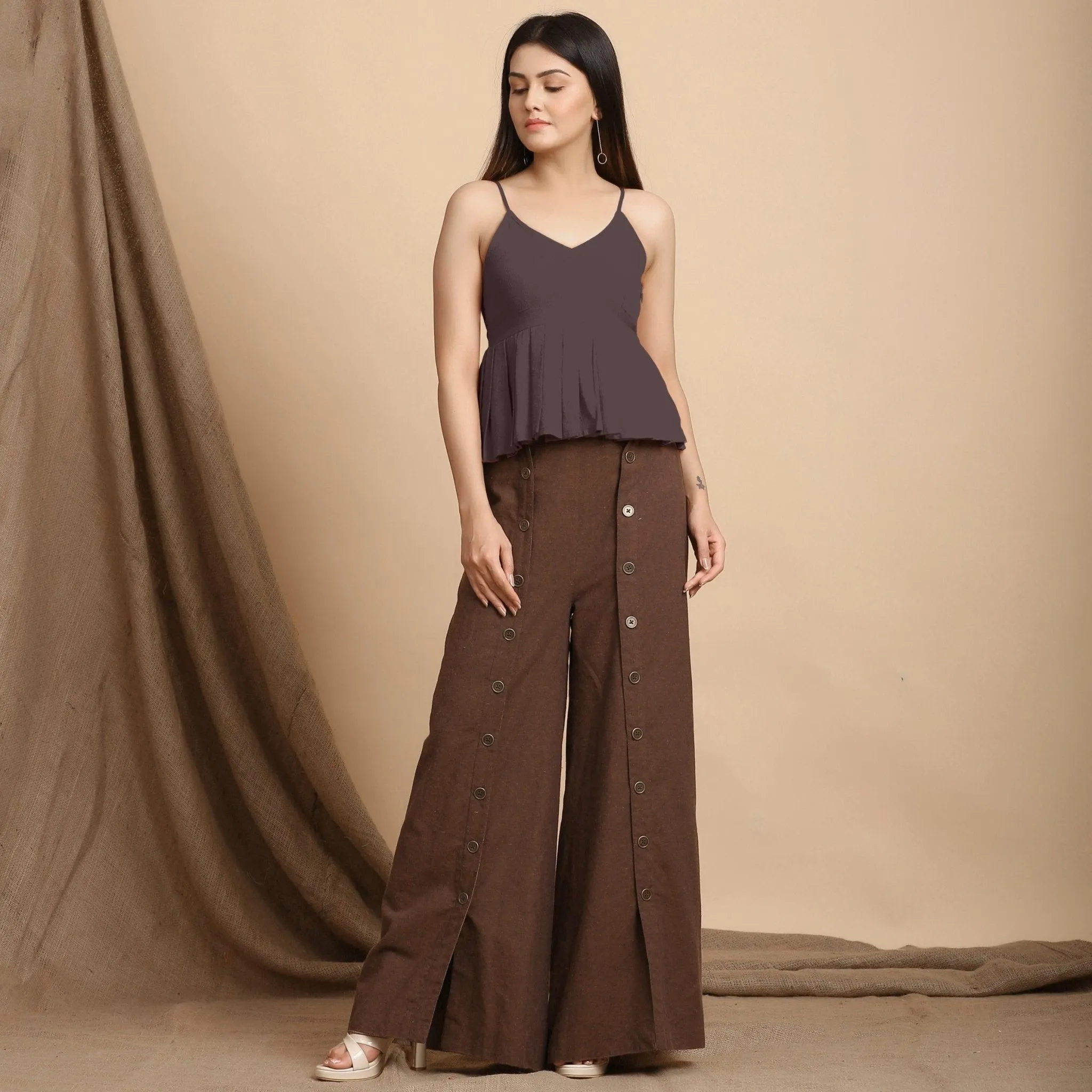 Brown Cotton Flax Slim Fit Pleated Camisole Top