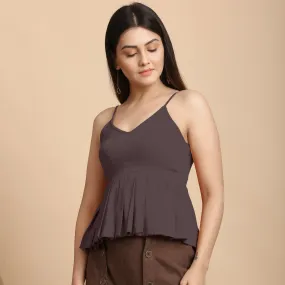 Brown Cotton Flax Slim Fit Pleated Camisole Top