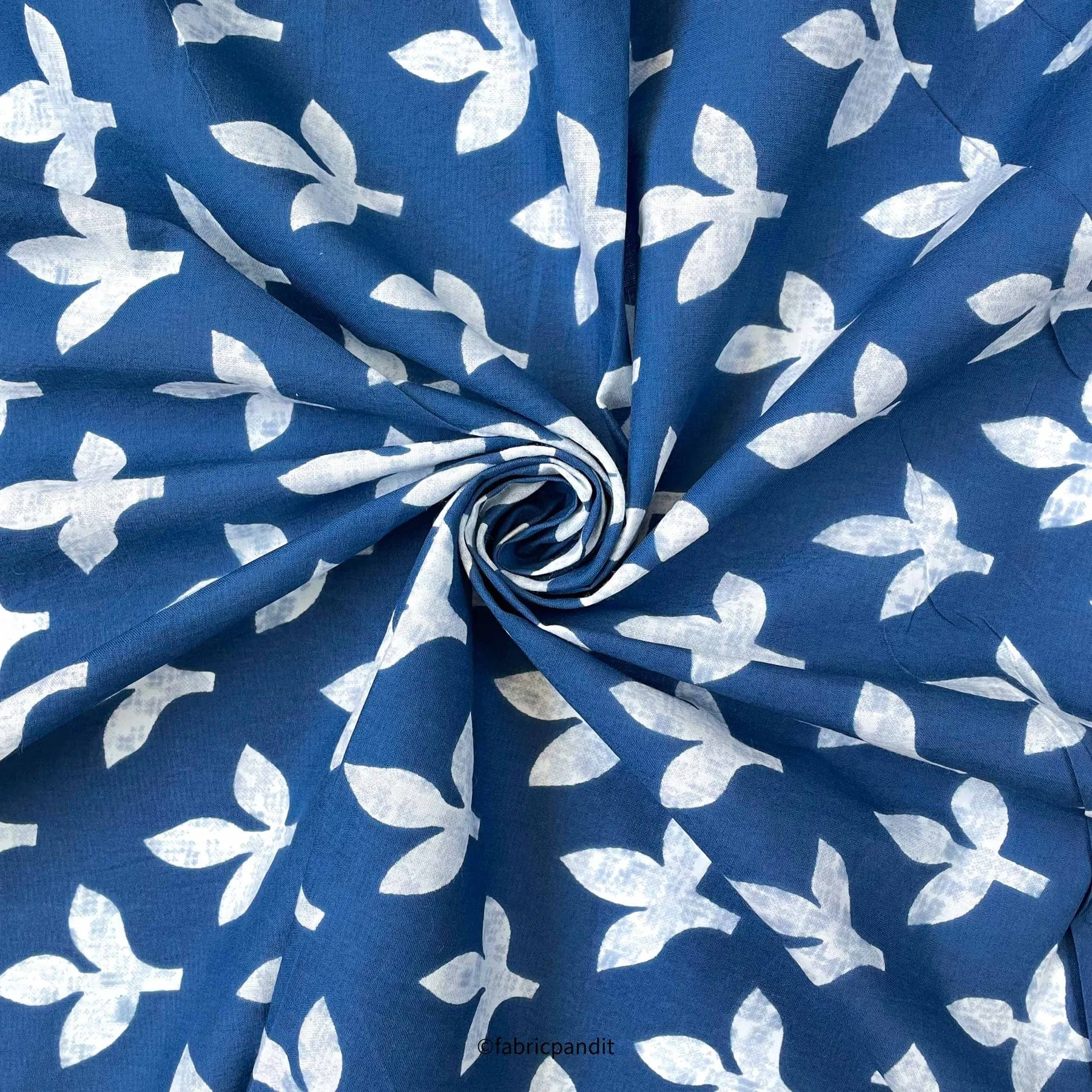 (CUT PIECE) Dark Blue & White Autumn Leaves Hand Block Printed Pure Cotton Fabric (Width 42 inches)