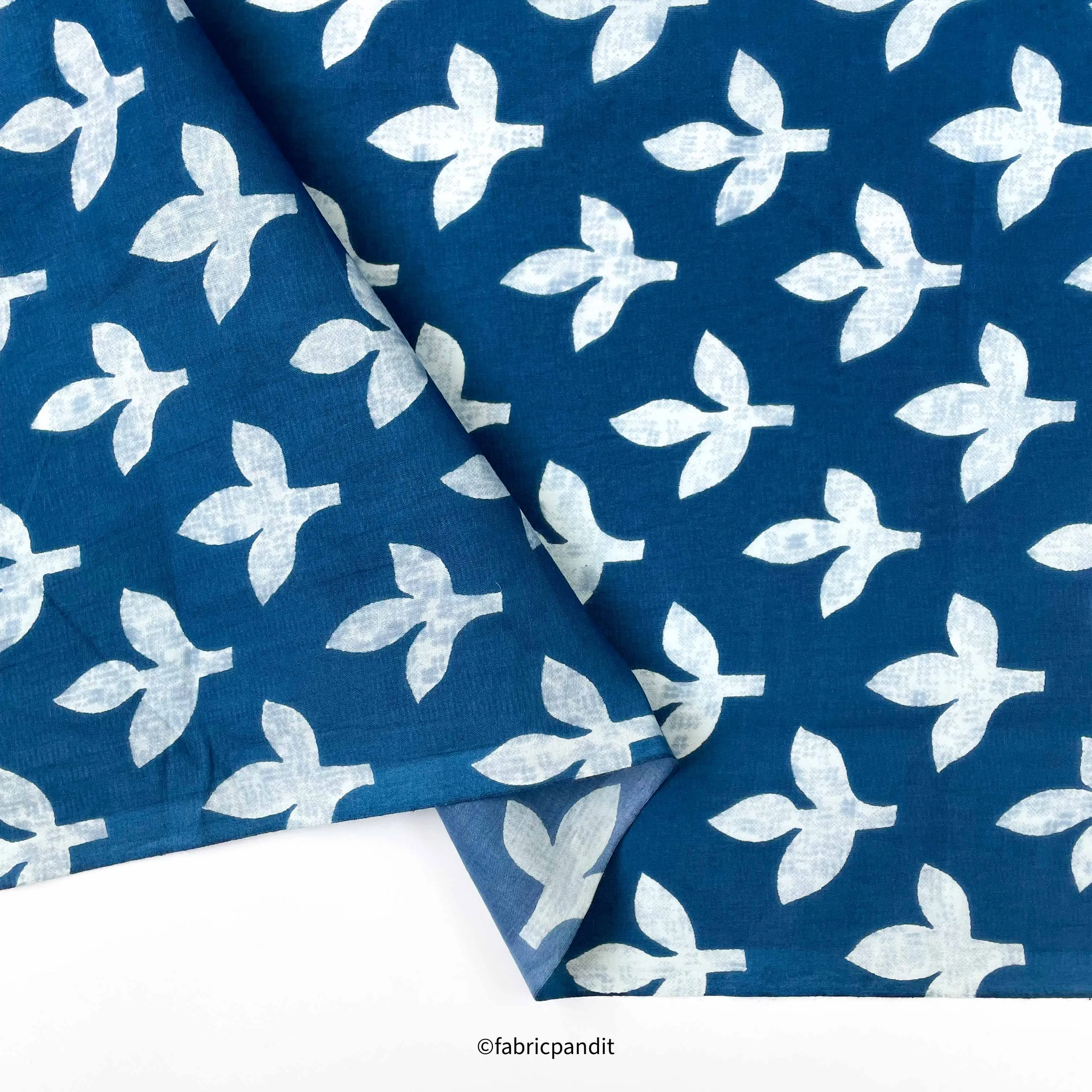 (CUT PIECE) Dark Blue & White Autumn Leaves Hand Block Printed Pure Cotton Fabric (Width 42 inches)