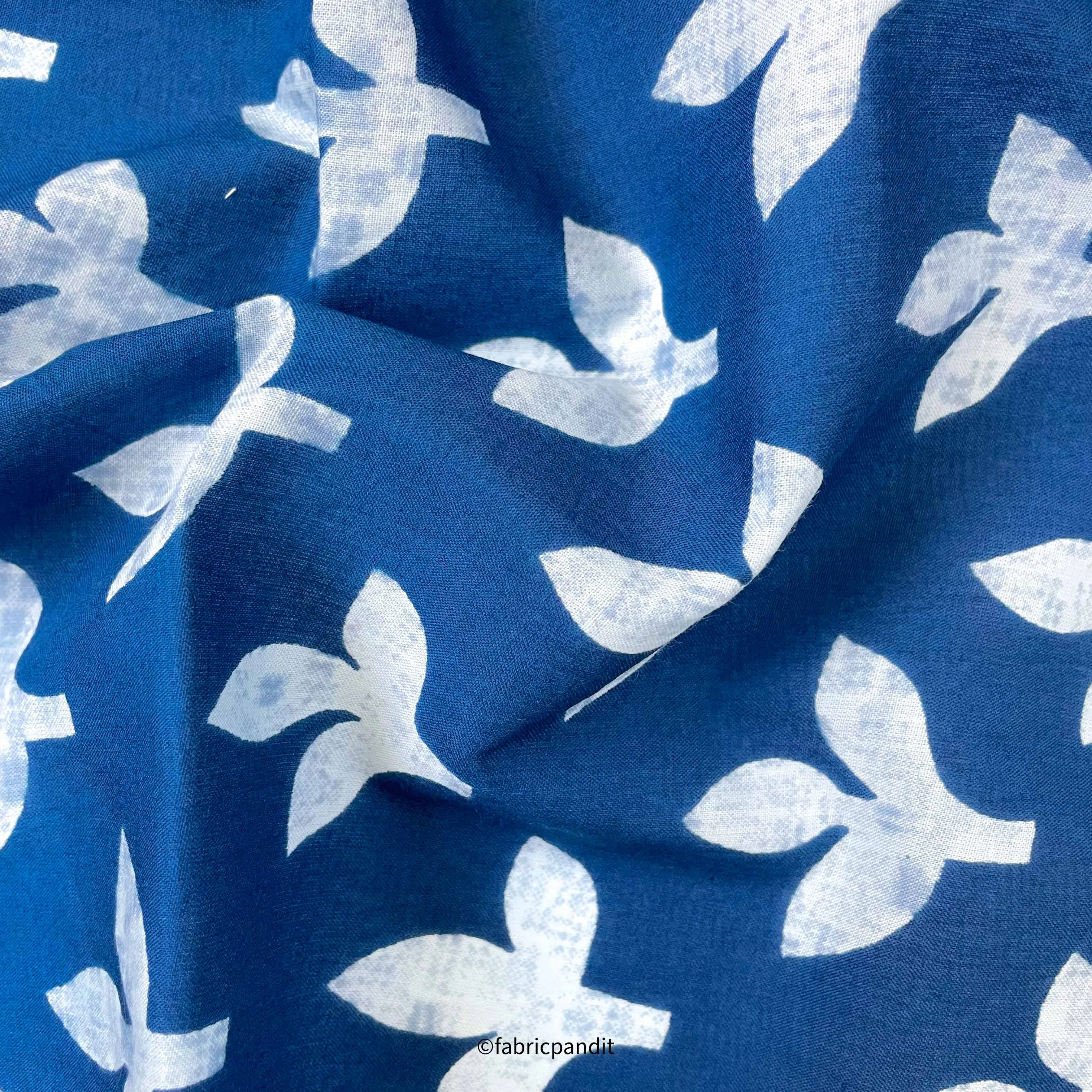 (CUT PIECE) Dark Blue & White Autumn Leaves Hand Block Printed Pure Cotton Fabric (Width 42 inches)