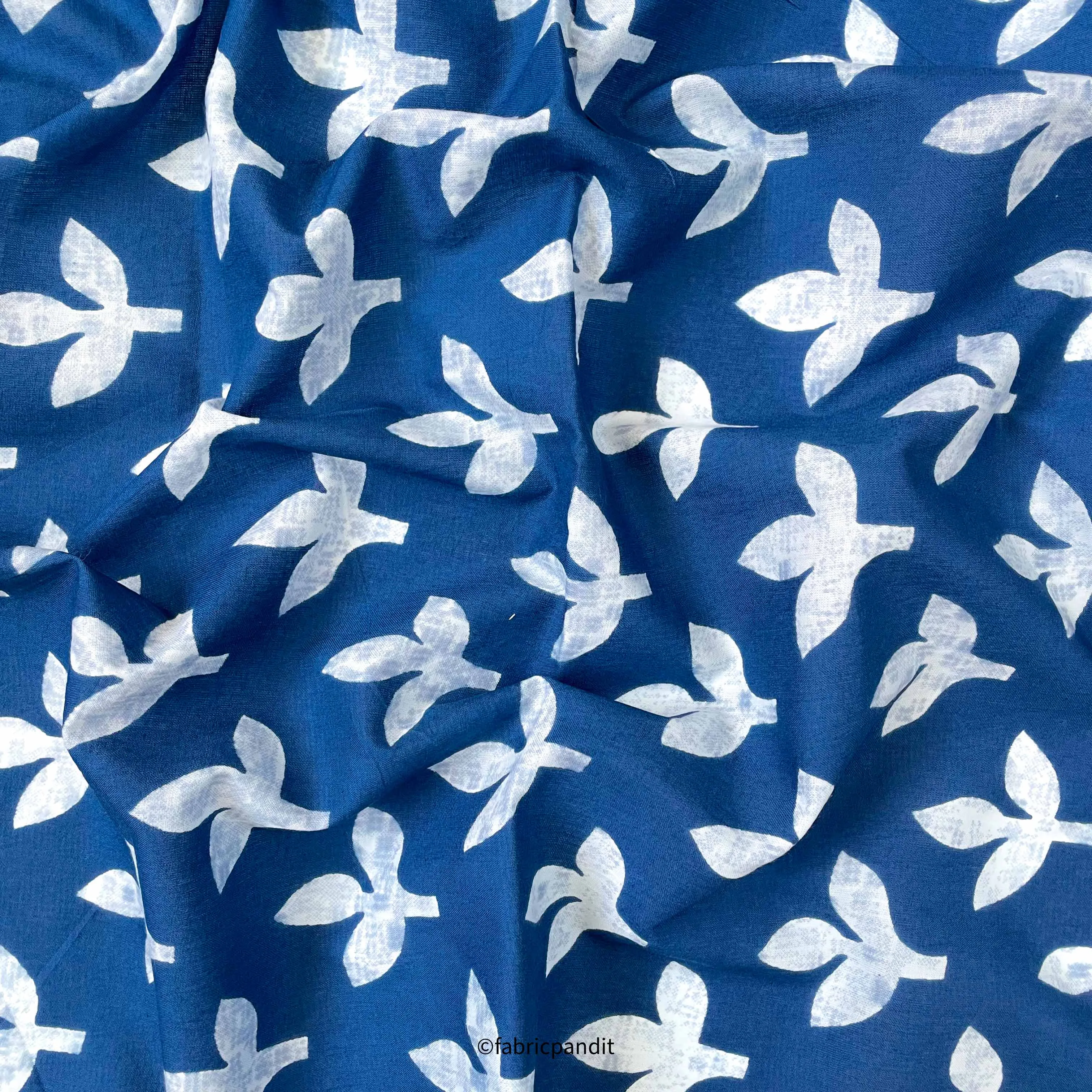 (CUT PIECE) Dark Blue & White Autumn Leaves Hand Block Printed Pure Cotton Fabric (Width 42 inches)