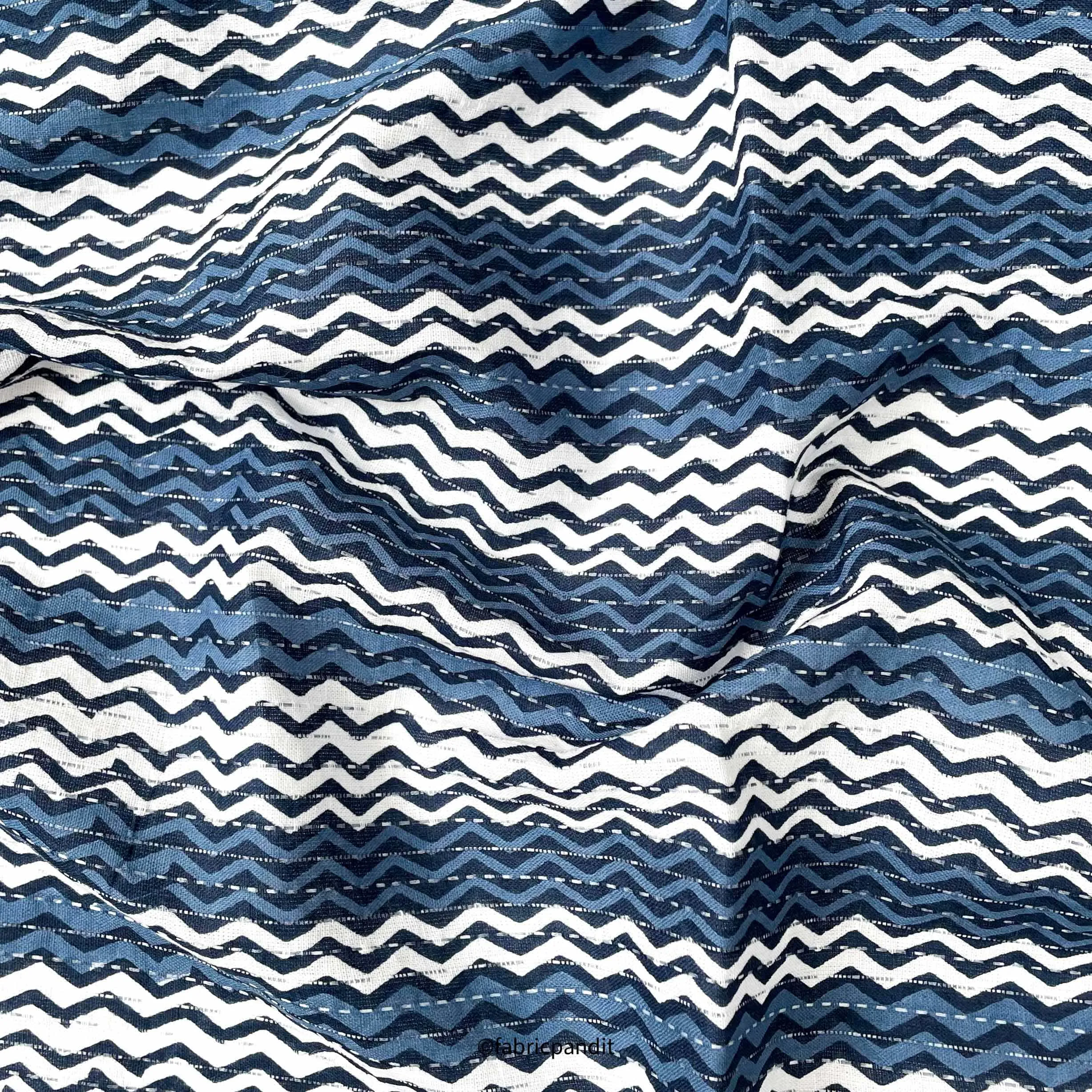 (CUT PIECE) White & Blue Zig-Zag Stripes Hand Block Printed Pure Cotton Fabric (Width 42 inches)