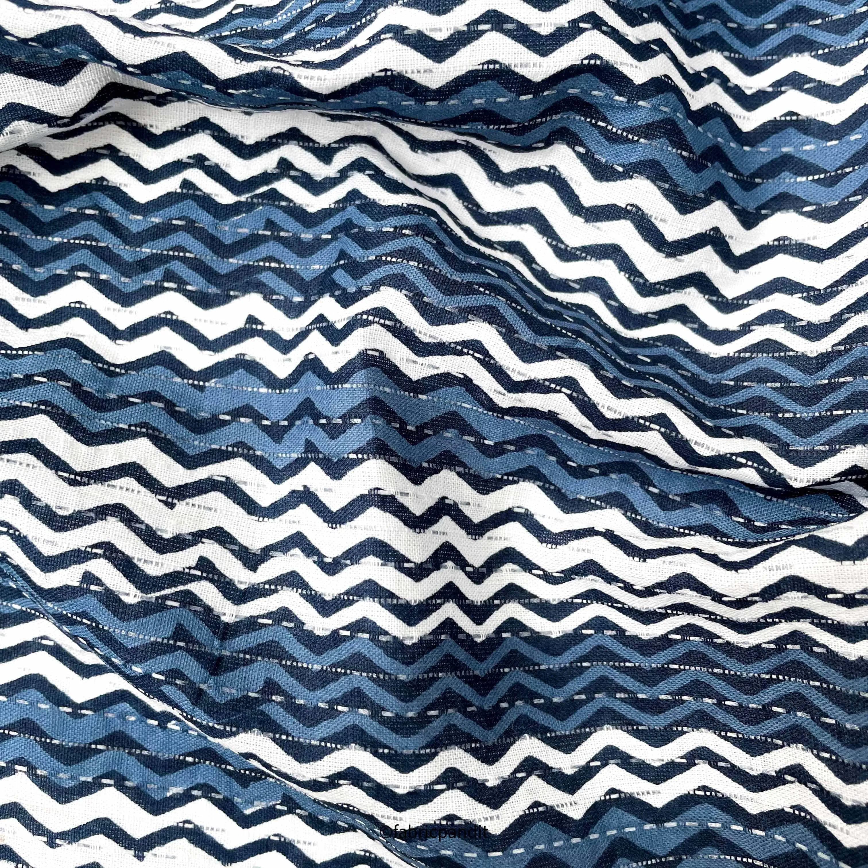 (CUT PIECE) White & Blue Zig-Zag Stripes Hand Block Printed Pure Cotton Fabric (Width 42 inches)