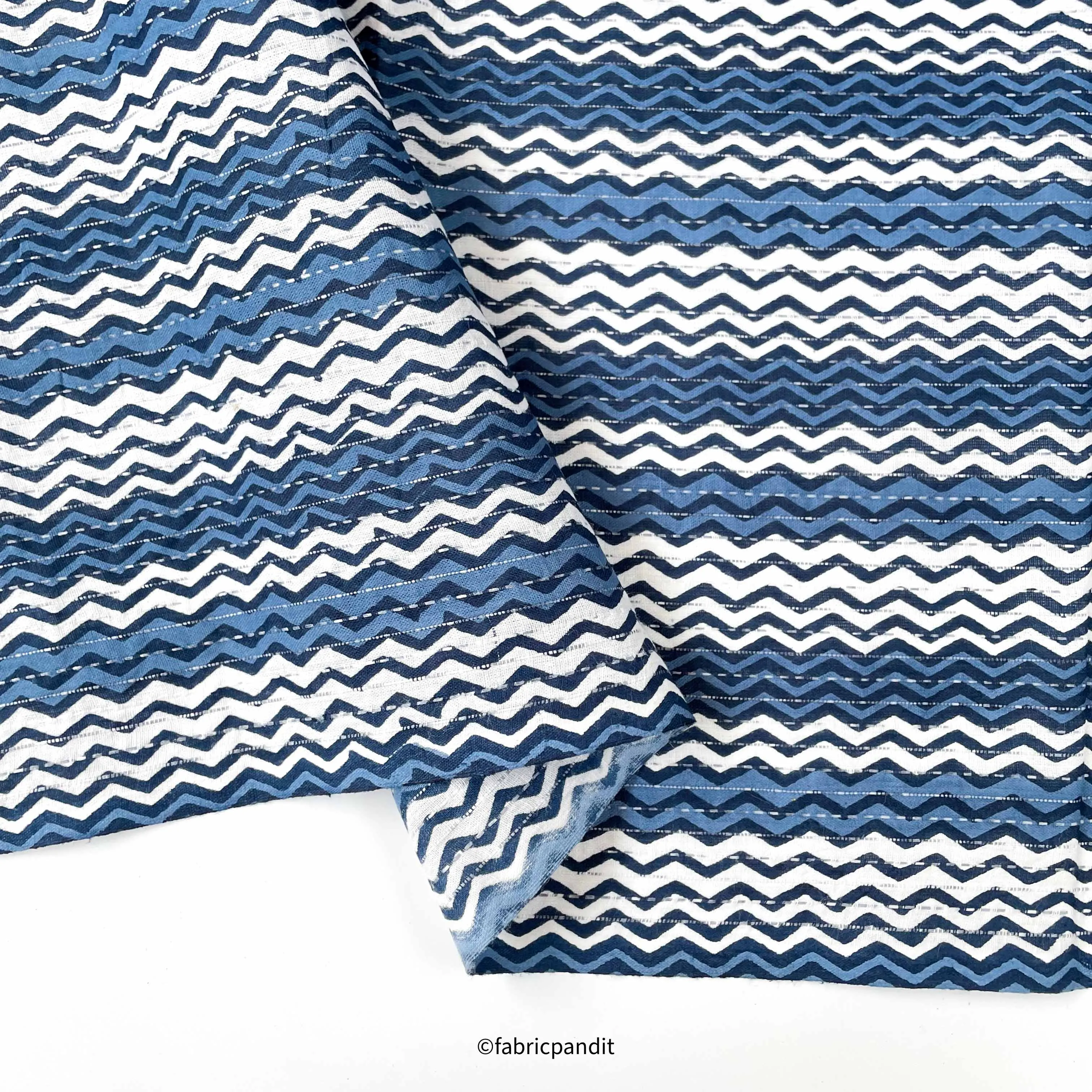 (CUT PIECE) White & Blue Zig-Zag Stripes Hand Block Printed Pure Cotton Fabric (Width 42 inches)