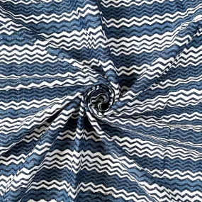 (CUT PIECE) White & Blue Zig-Zag Stripes Hand Block Printed Pure Cotton Fabric (Width 42 inches)