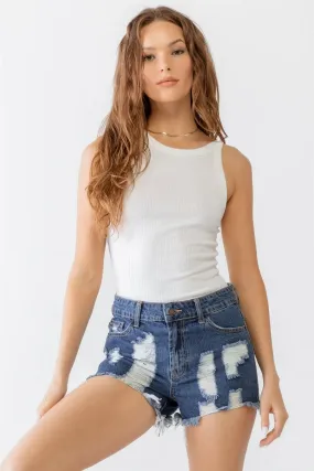 Dark Denim Cotton Distressed Raw Hem High Waist Shorts