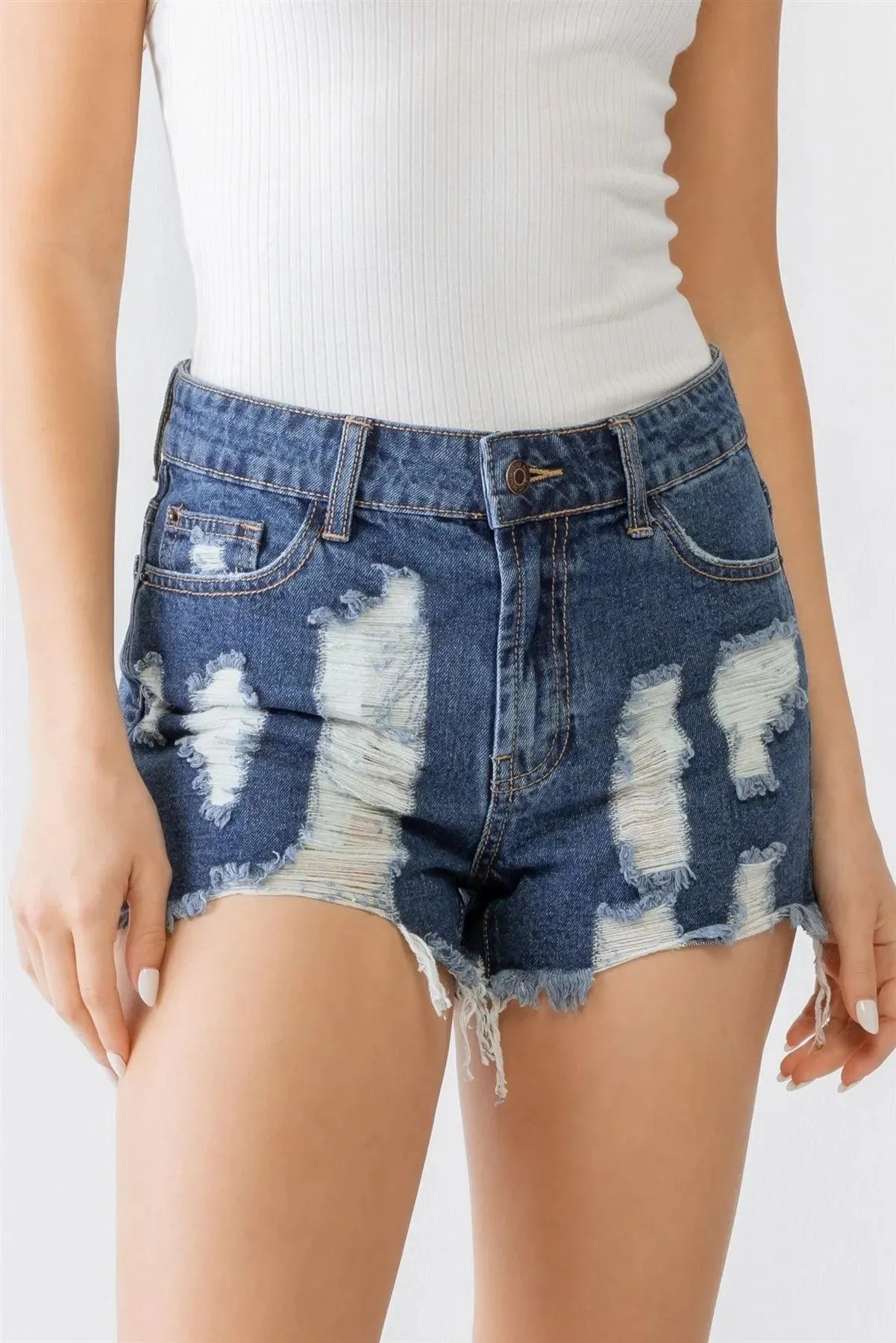 Dark Denim Cotton Distressed Raw Hem High Waist Shorts