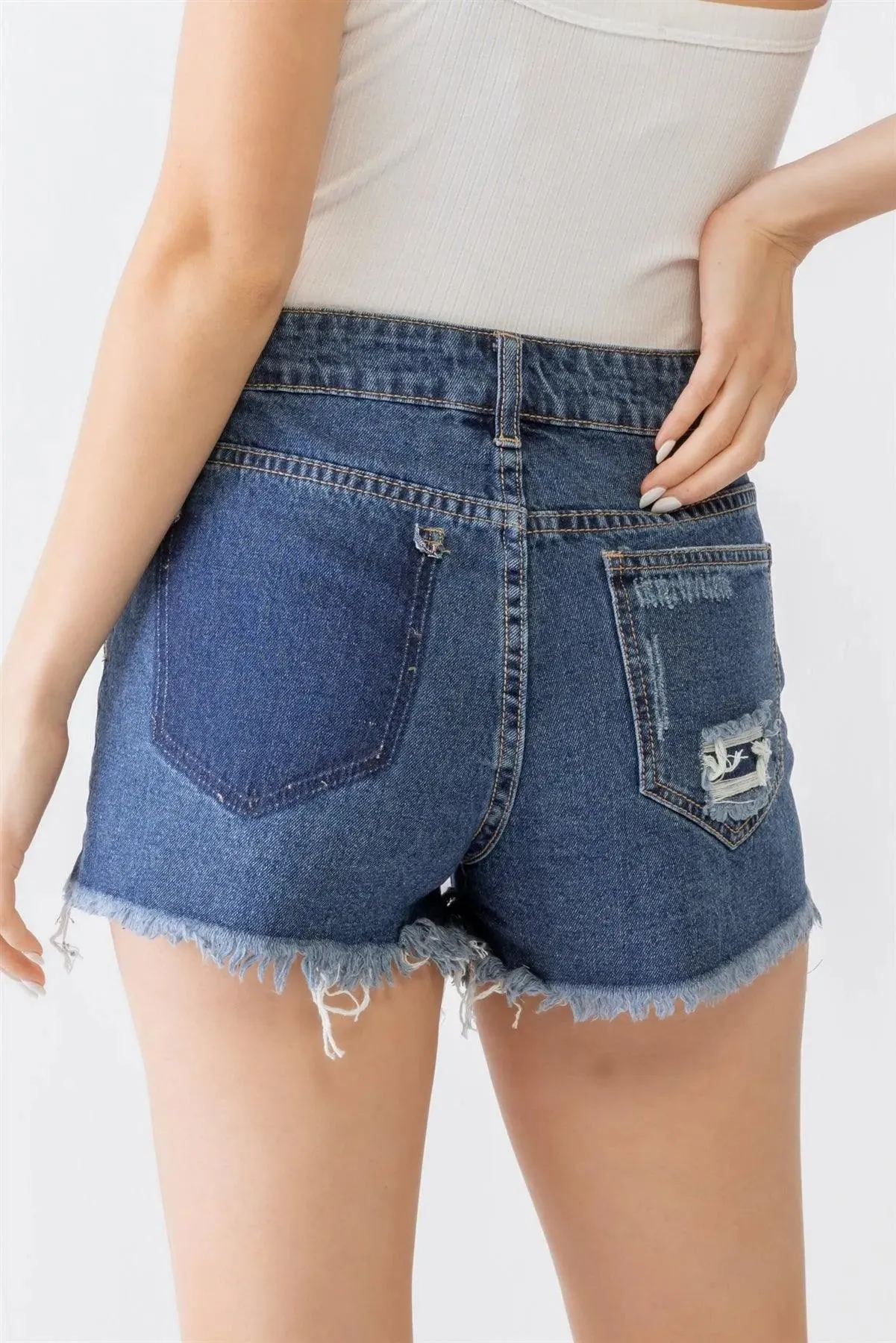 Dark Denim Cotton Distressed Raw Hem High Waist Shorts