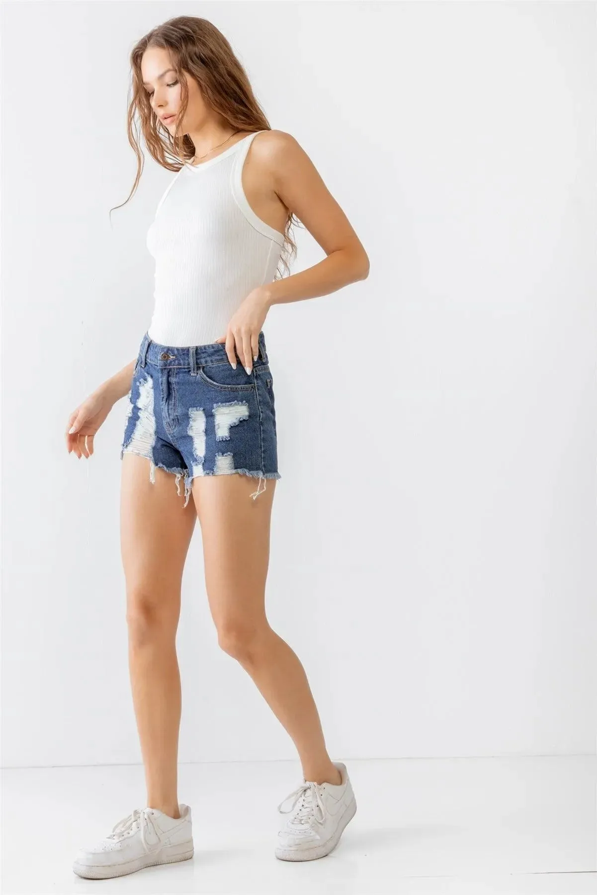 Dark Denim Cotton Distressed Raw Hem High Waist Shorts