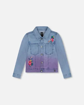 Denim Jacket With Embroidery Floral Jeans Blue