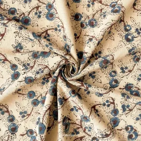 Dusty Beige & Blue Daisy Garden Hand Block Printed Pure Cotton Linen Fabric (Width 42 inches)