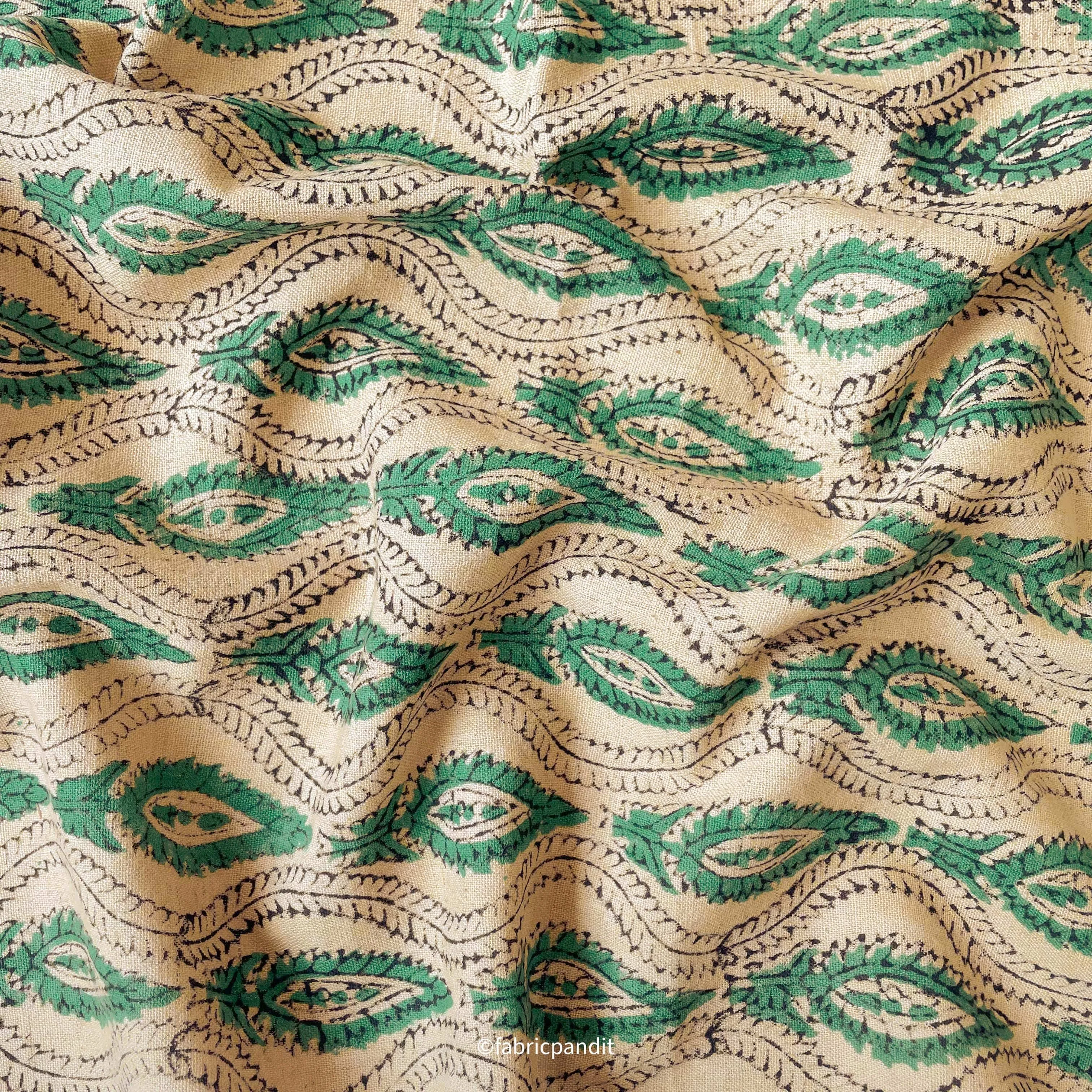 Dusty Beige & Green Traditional Leaves Hand Block Printed Pure Cotton Linen Fabric (Width 42 inches)