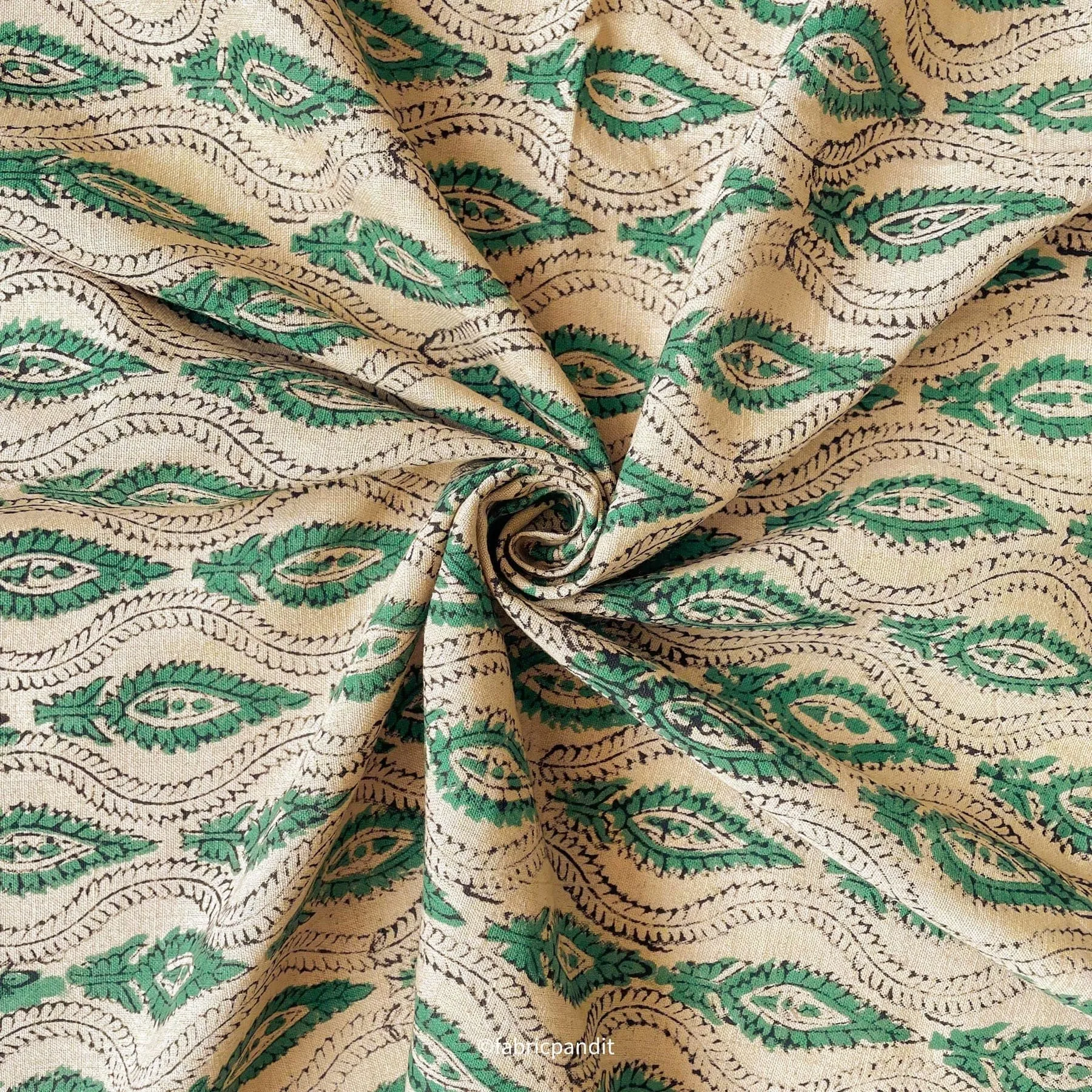 Dusty Beige & Green Traditional Leaves Hand Block Printed Pure Cotton Linen Fabric (Width 42 inches)