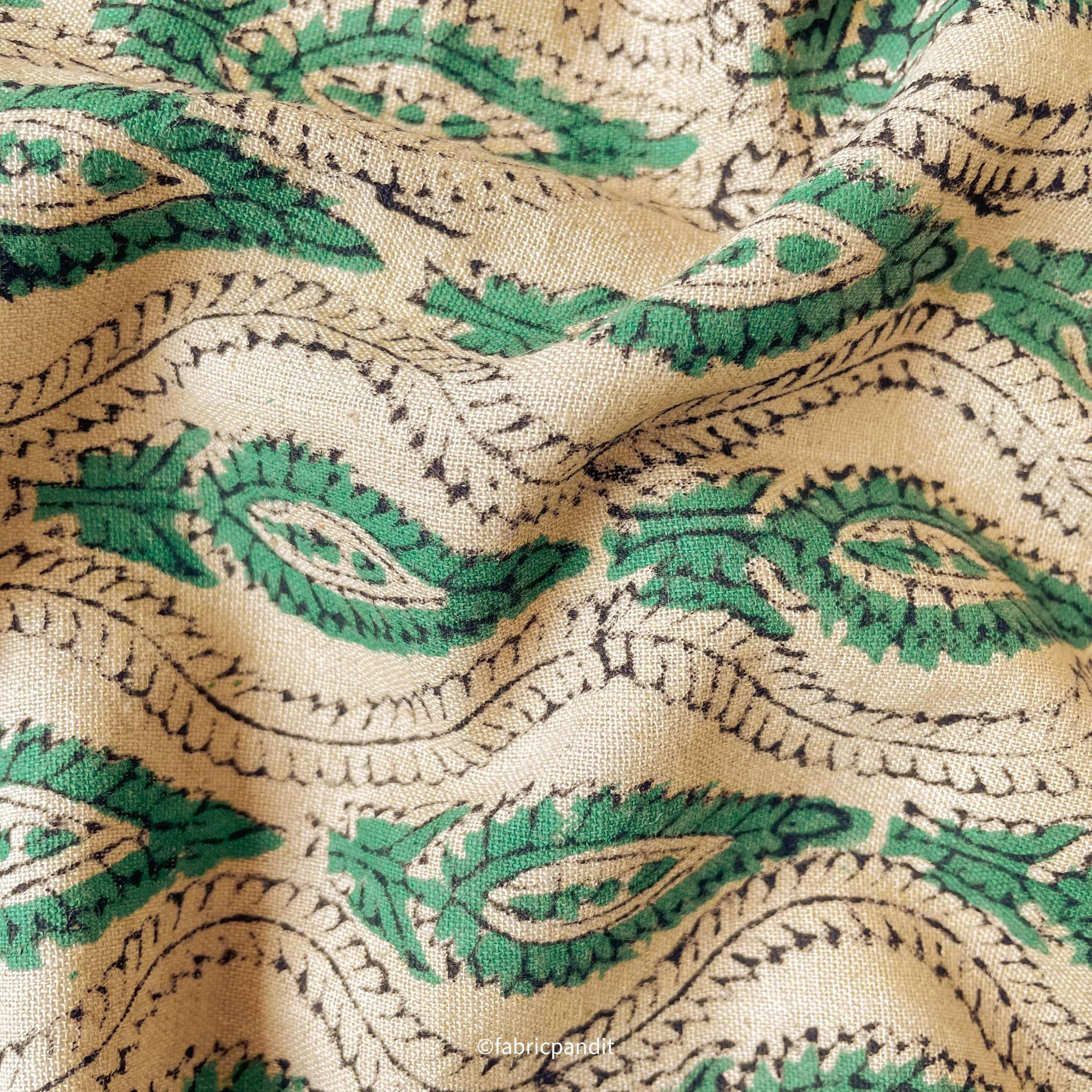 Dusty Beige & Green Traditional Leaves Hand Block Printed Pure Cotton Linen Fabric (Width 42 inches)