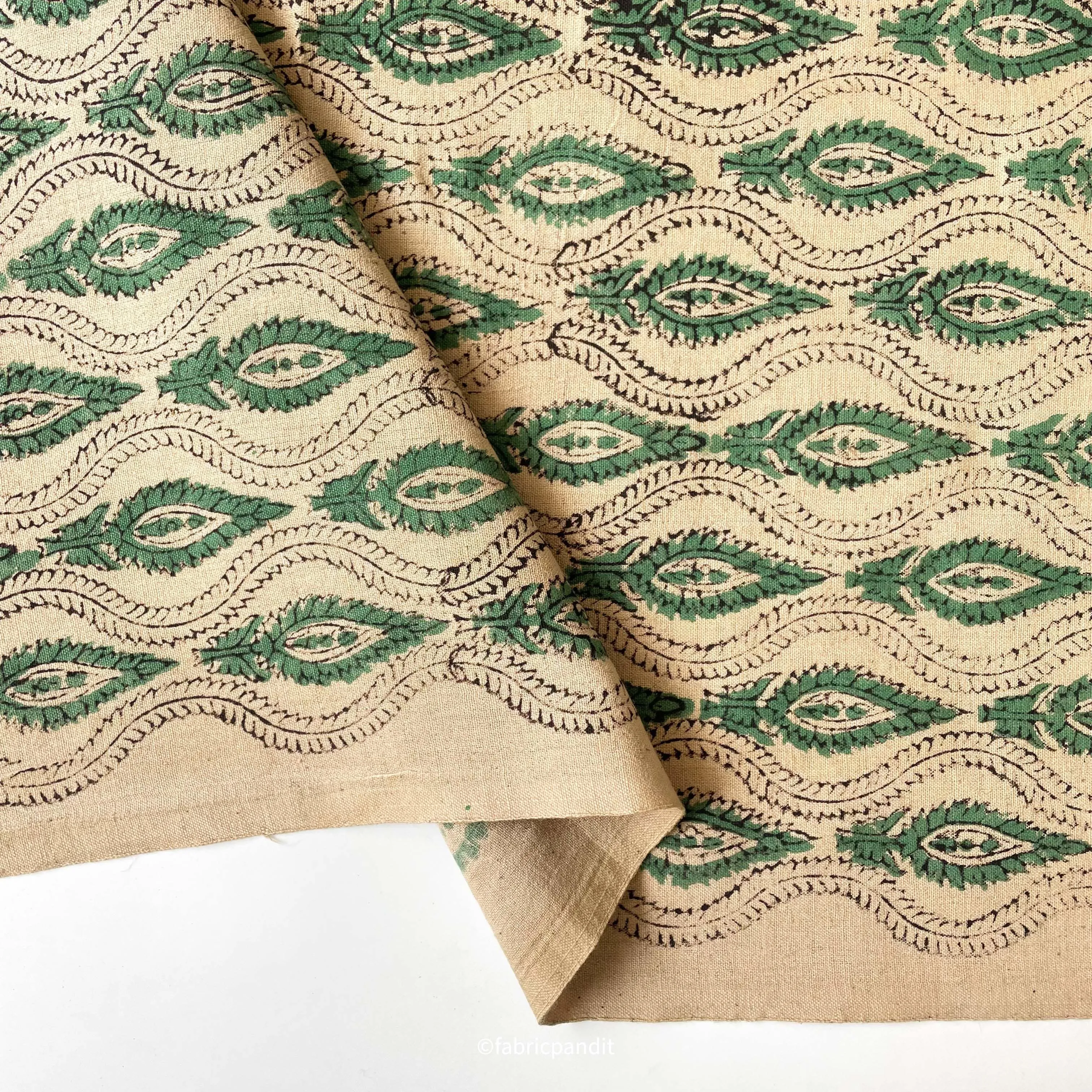 Dusty Beige & Green Traditional Leaves Hand Block Printed Pure Cotton Linen Fabric (Width 42 inches)