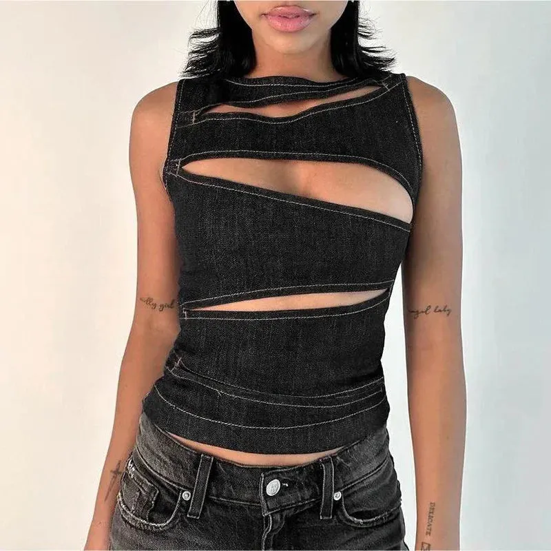 Edgy Denim Top with Unique Cutouts