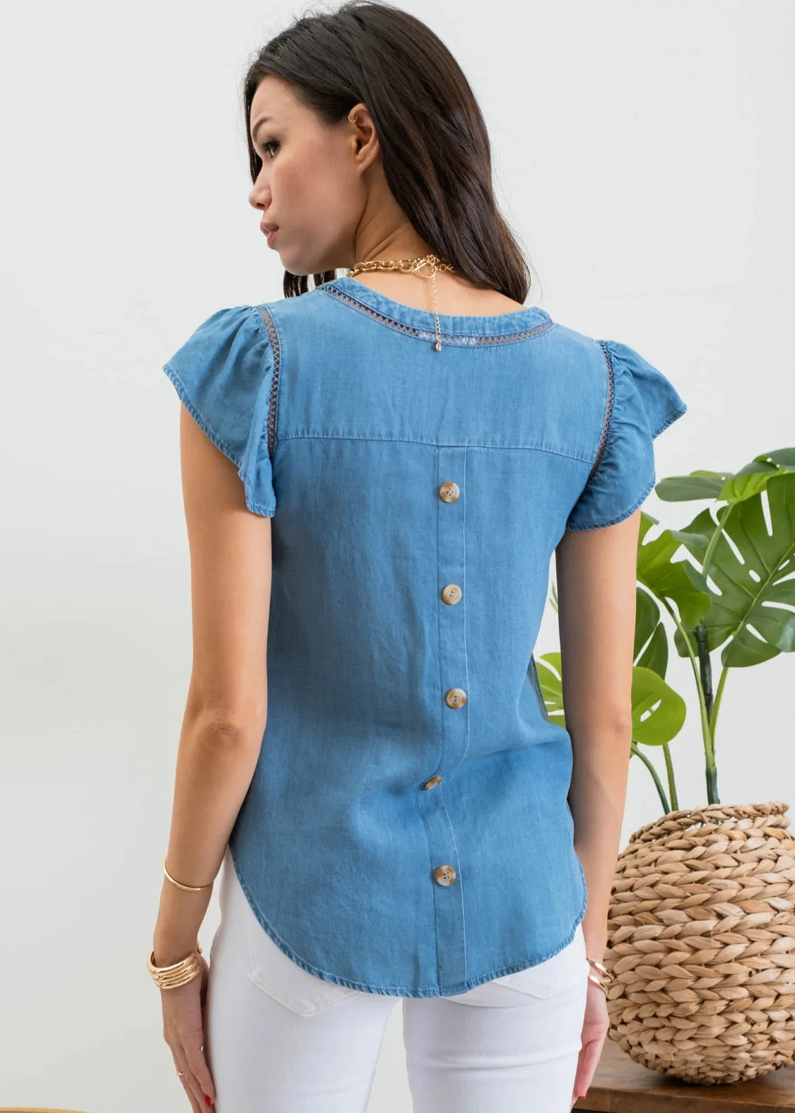 Evie, Womens Flutter Sleeve Blouse, V-neck, Eyelet Trim, Blue Chambrey