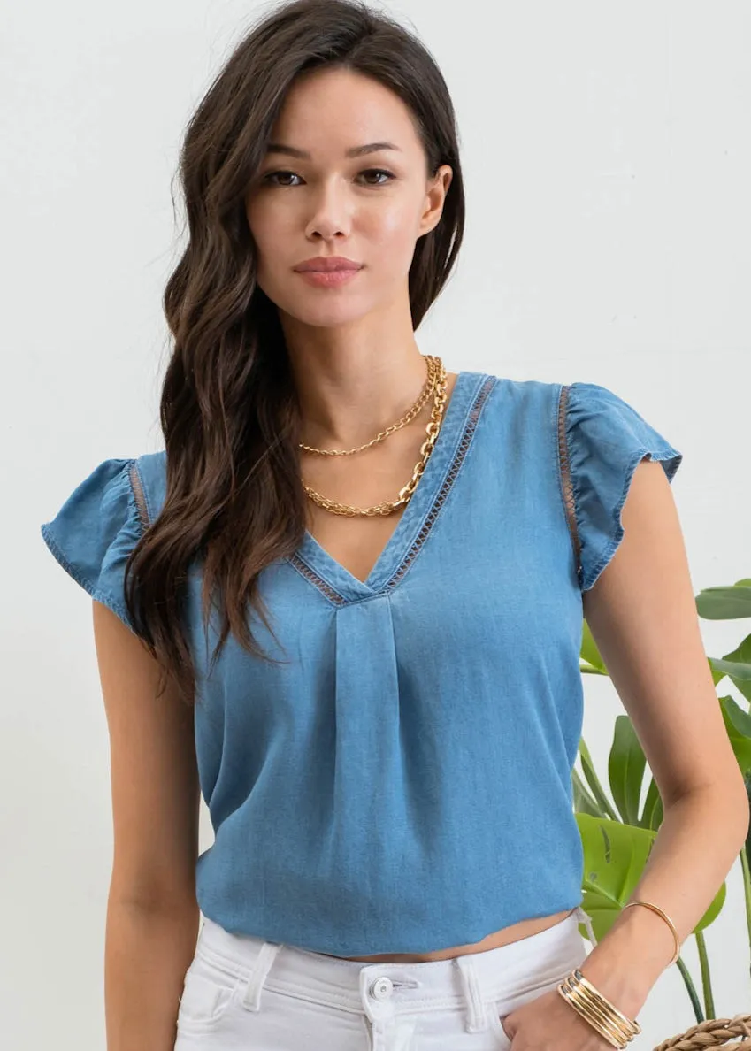 Evie, Womens Flutter Sleeve Blouse, V-neck, Eyelet Trim, Blue Chambrey