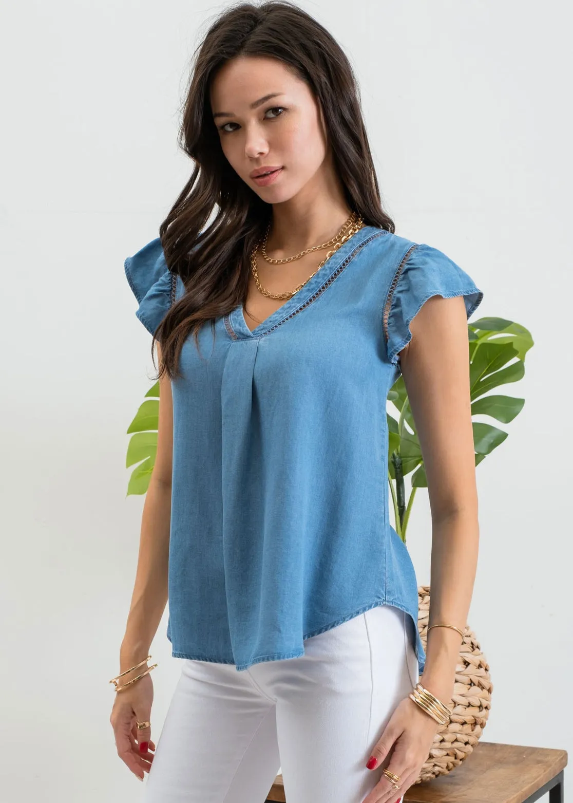 Evie, Womens Flutter Sleeve Blouse, V-neck, Eyelet Trim, Blue Chambrey