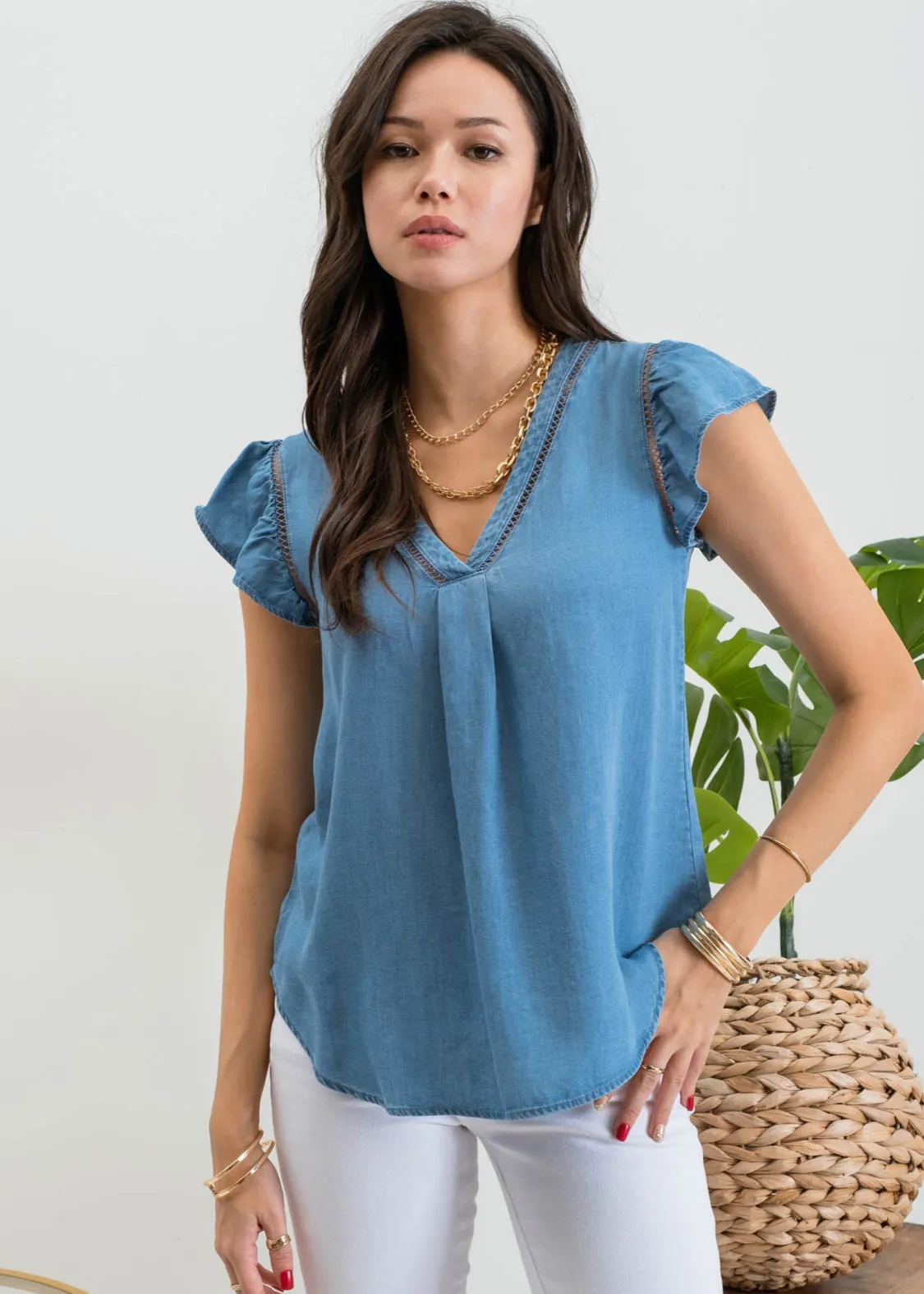 Evie, Womens Flutter Sleeve Blouse, V-neck, Eyelet Trim, Blue Chambrey